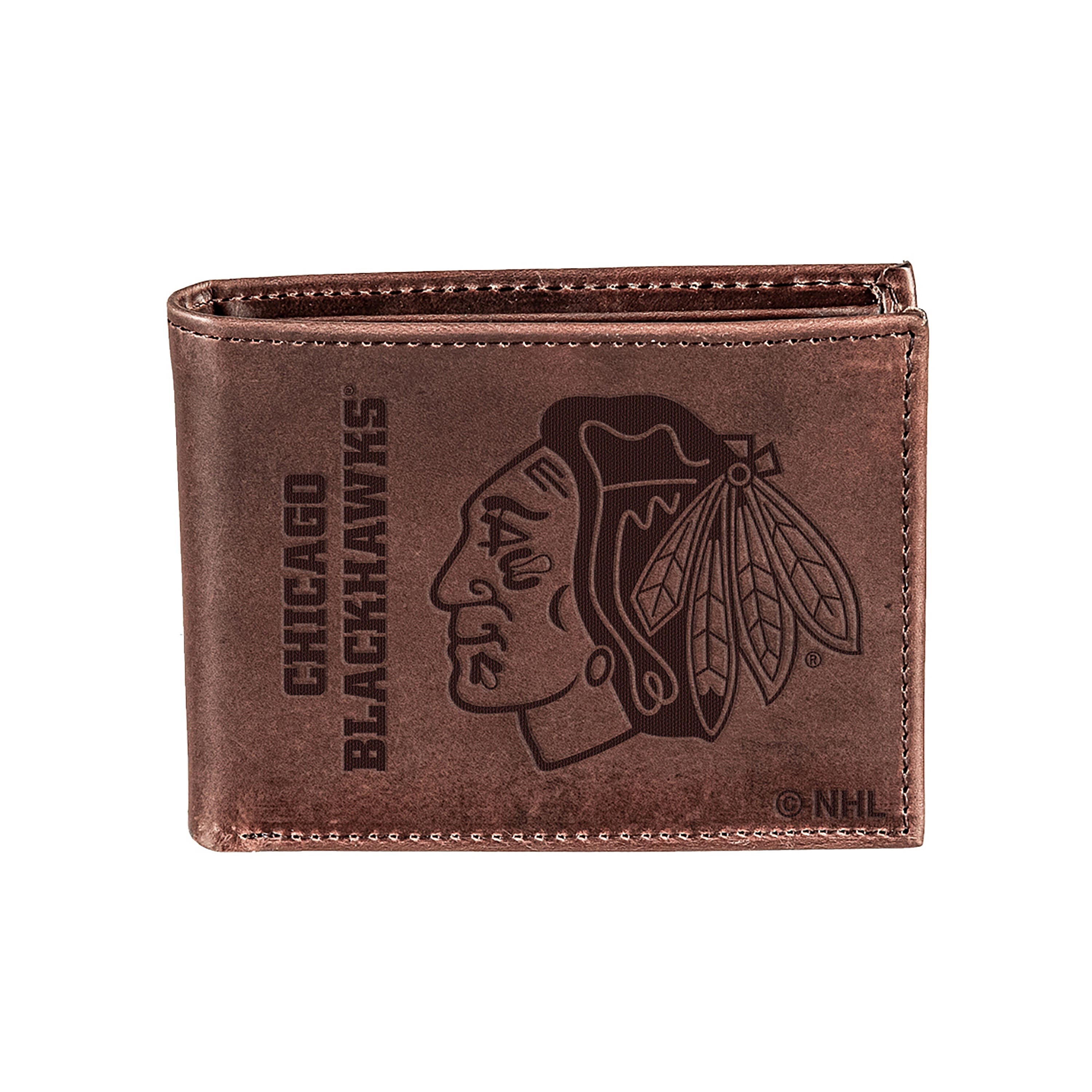 Chicago Blackhawks, Bi-Fold Wallet, Brown, CH, 100% Genuine Leather - Sports Collectibles, Sports Memorabilia, Sports Fan Shop, Sports Gifts