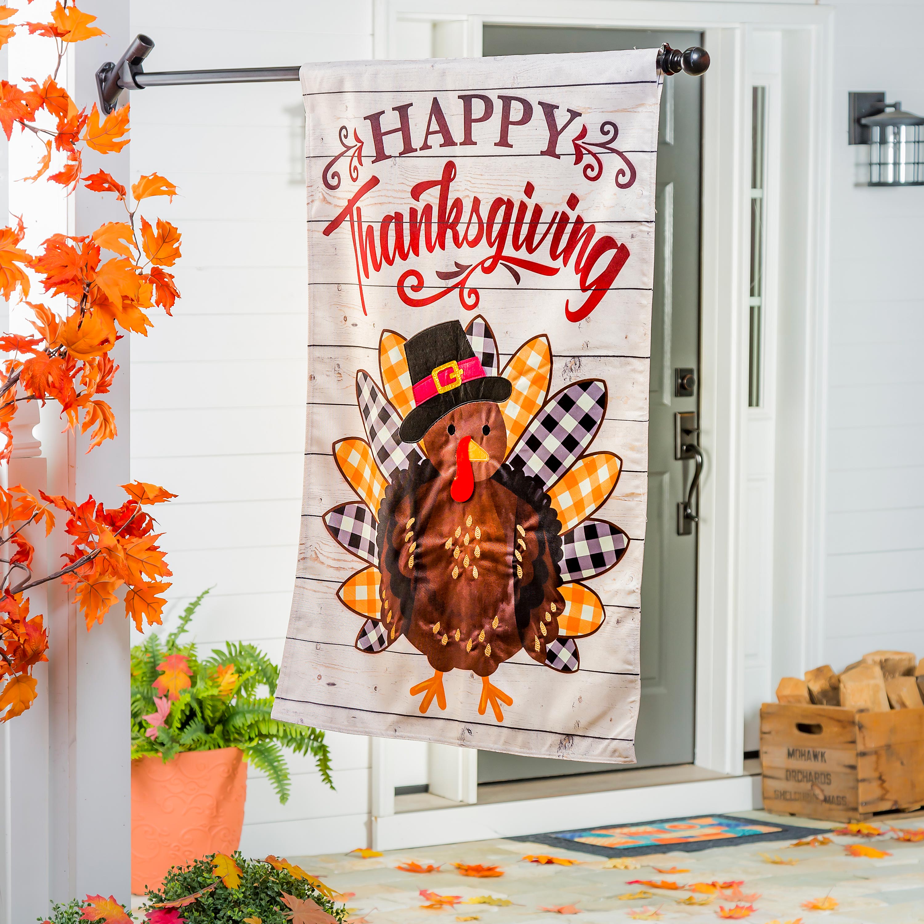 Pilgrim Turkey House Burlap Flag - Sports Collectibles, Sports Memorabilia, Sports Fan Shop, Sports Gifts