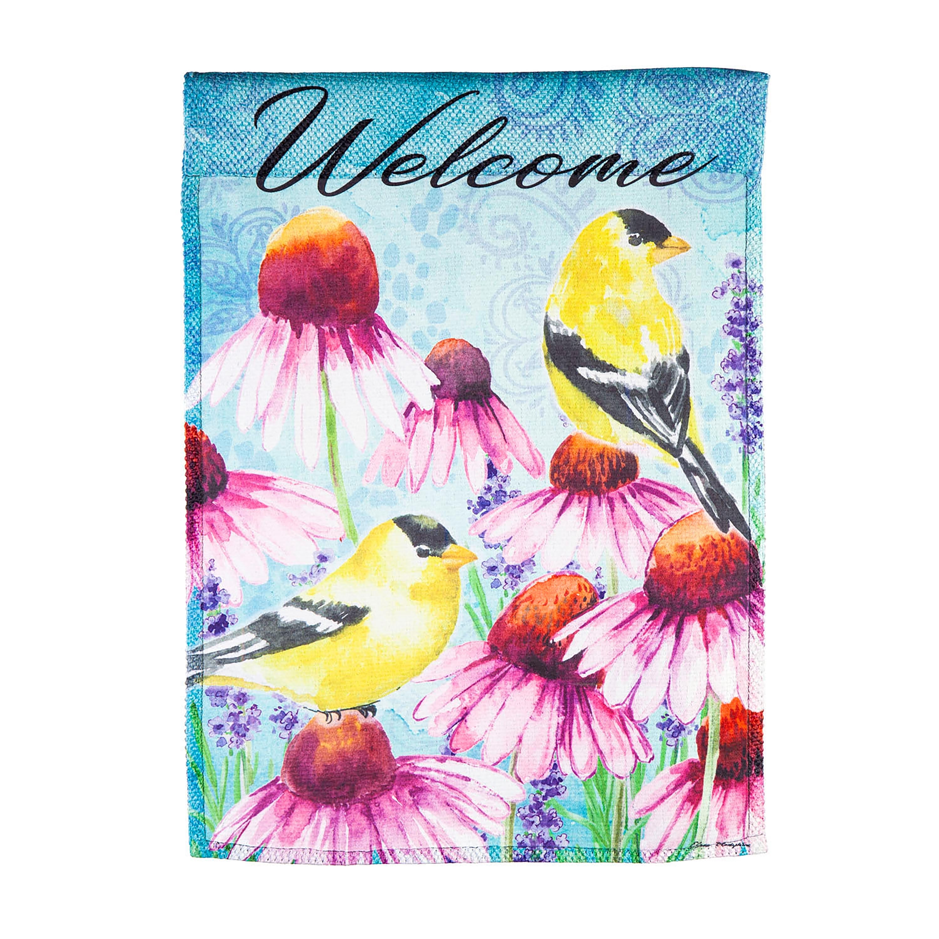 Bright Flowers and Finches House Textured Suede Flag - Sports Collectibles, Sports Memorabilia, Sports Fan Shop, Sports Gifts