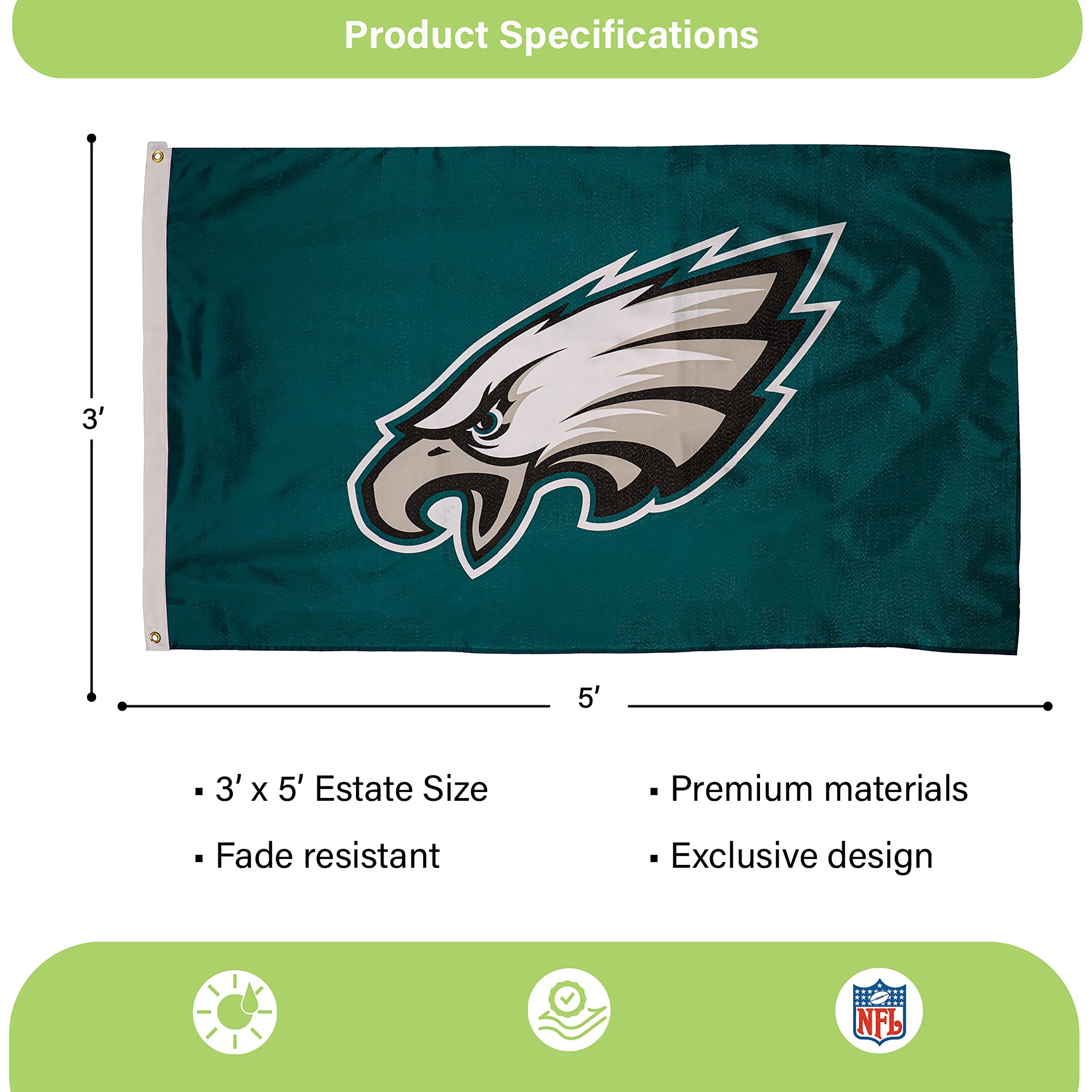 Philadelphia Eagles Single Sided Estate Flag with 2 Grommets, 3'x5' - Sports Gifts, Sports Memorabilia, Sports Collectibles, Fan Shop