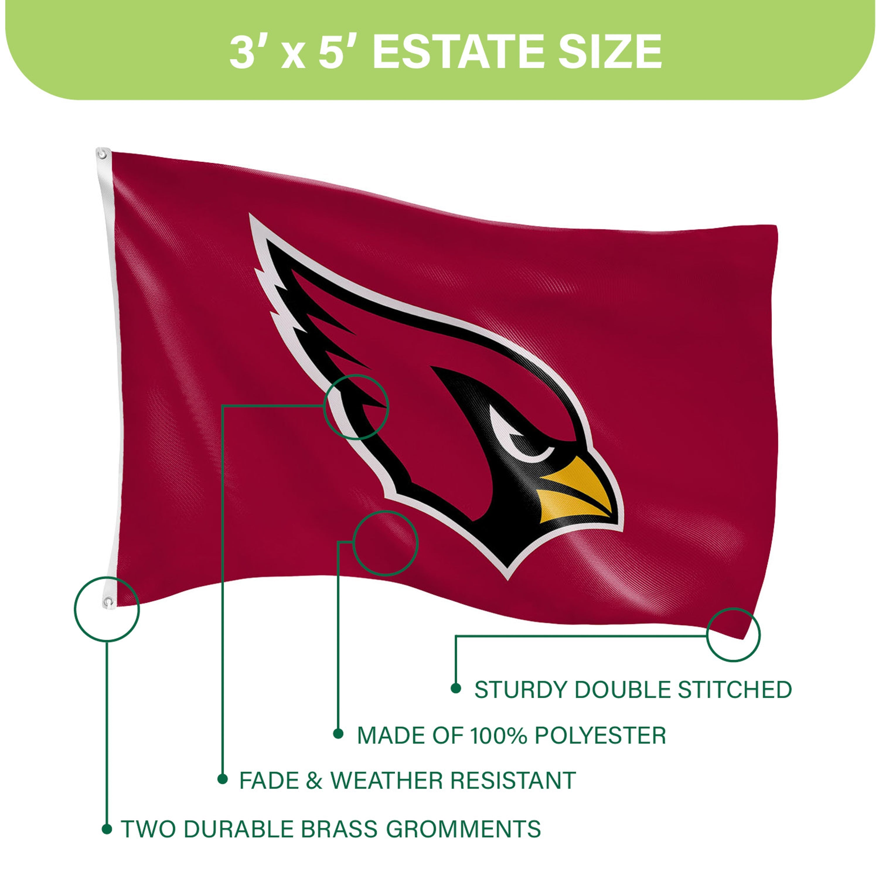 3'x5' Single Sided Flag w/ 2 Grommets, Arizona Cardinals - Sports Gifts, Sports Memorabilia, Sports Collectibles, Fan Shop
