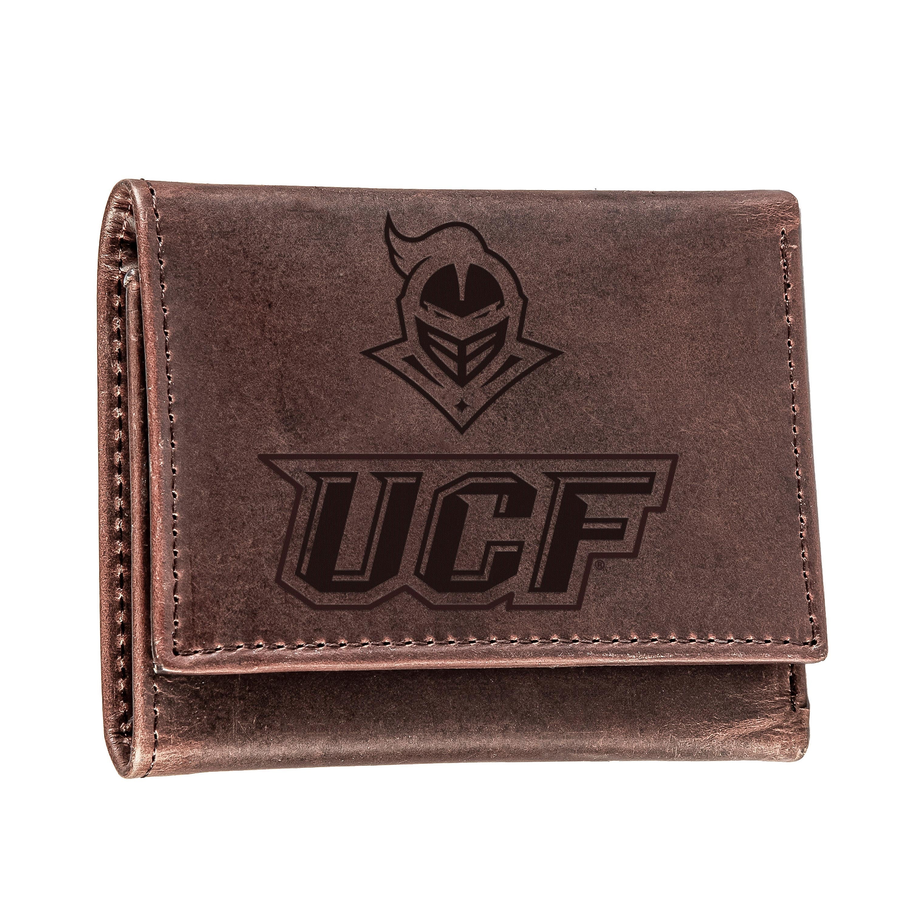 University of Central Florida, Tri-Fold Wallet, Brown, CH, 100% Genuine Leather - Sports Collectibles, Sports Memorabilia, Sports Fan Shop, Sports Gifts