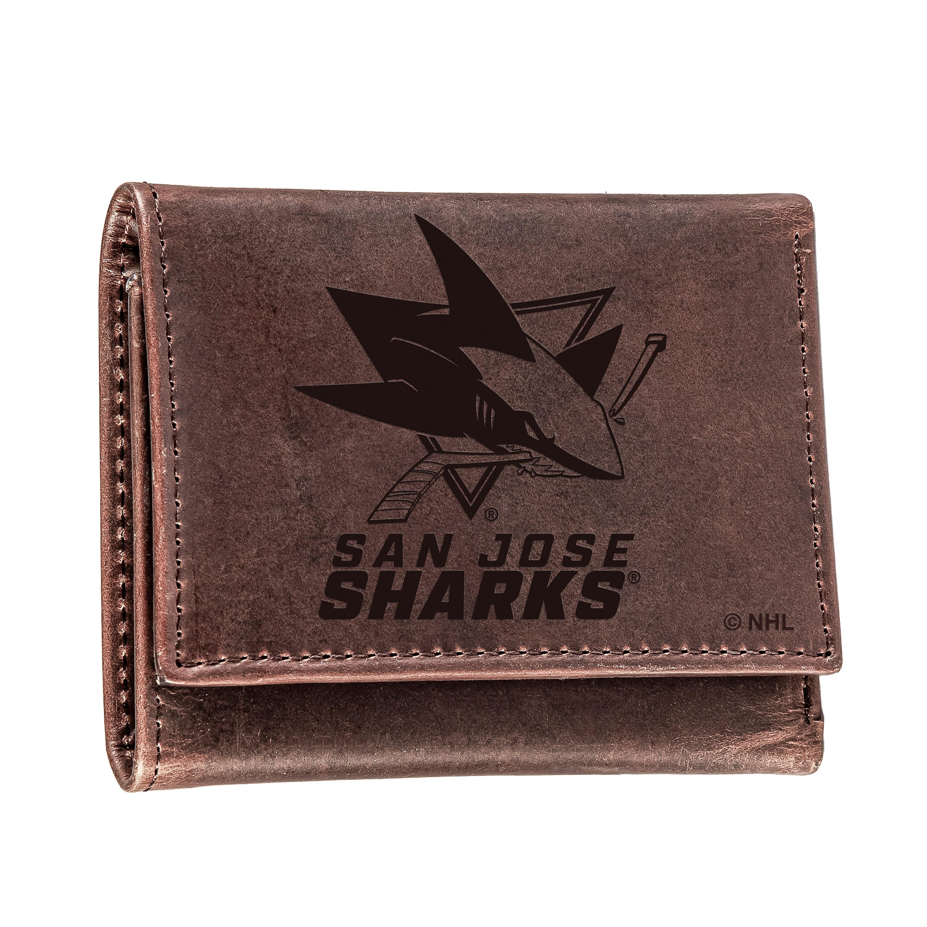 San Jose Sharks, Tri-Fold Wallet, Brown, CH, 100% Genuine Leather - Sports Collectibles, Sports Memorabilia, Sports Fan Shop, Sports Gifts