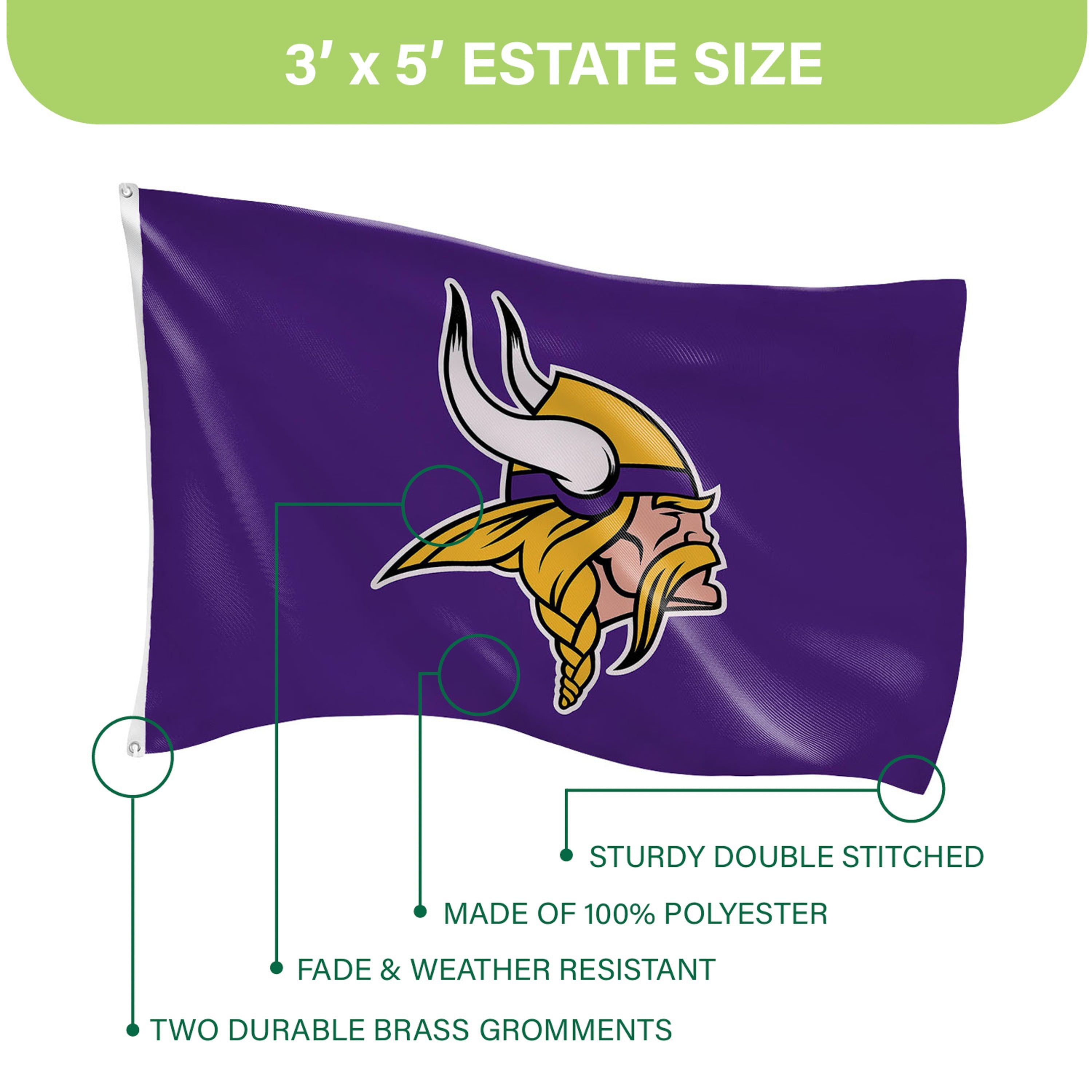 Minnesota Vikings Single Sided Estate Flag with 2 Grommets, 3'x5' - Sports Gifts, Sports Memorabilia, Sports Collectibles, Fan Shop
