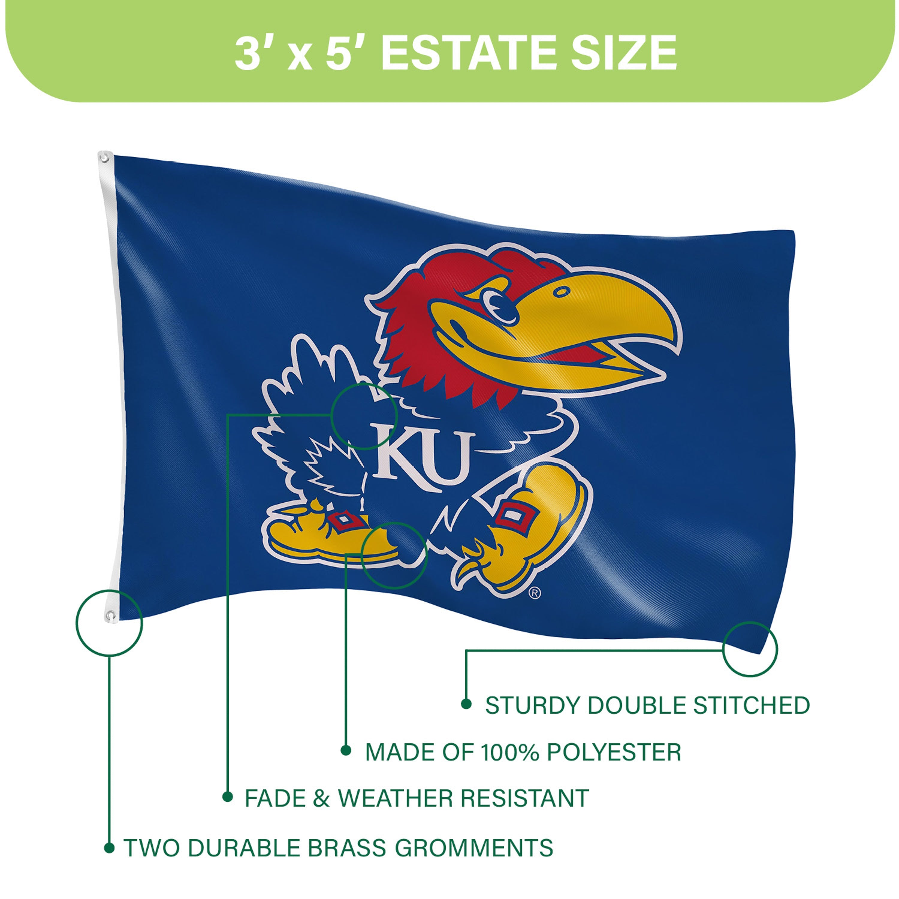 University of Kansas Single Sided Estate Flag with 2 Grommets, 3'x5' - Sports Gifts, Sports Memorabilia, Sports Collectibles, Fan Shop