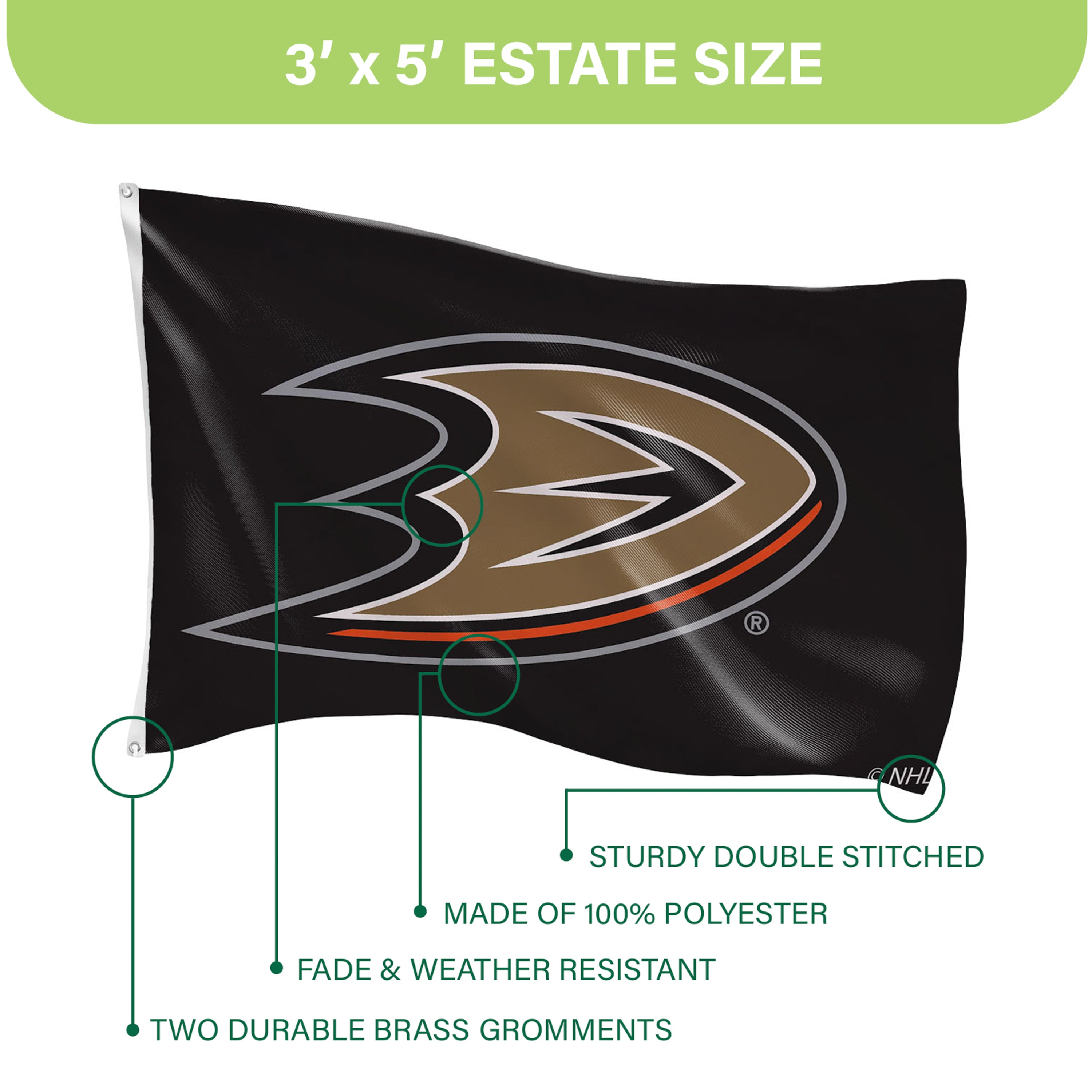 3'x5' Single Sided Flag w/ 2 Grommets, Anaheim Ducks - Sports Gifts, Sports Memorabilia, Sports Collectibles, Fan Shop