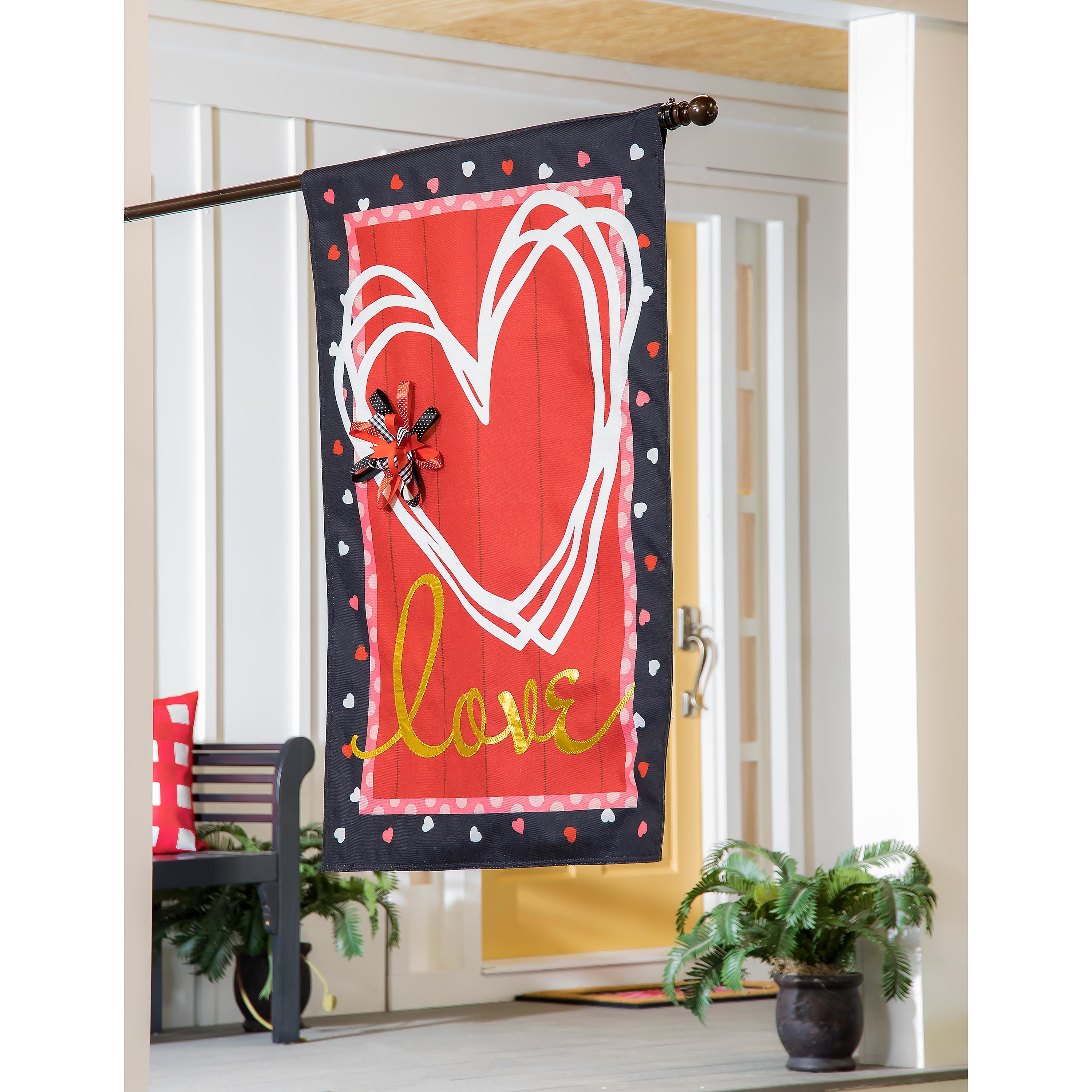 Scattered Hearts and Bow House Burlap Flag - Sports Collectibles, Sports Memorabilia, Sports Fan Shop, Sports Gifts
