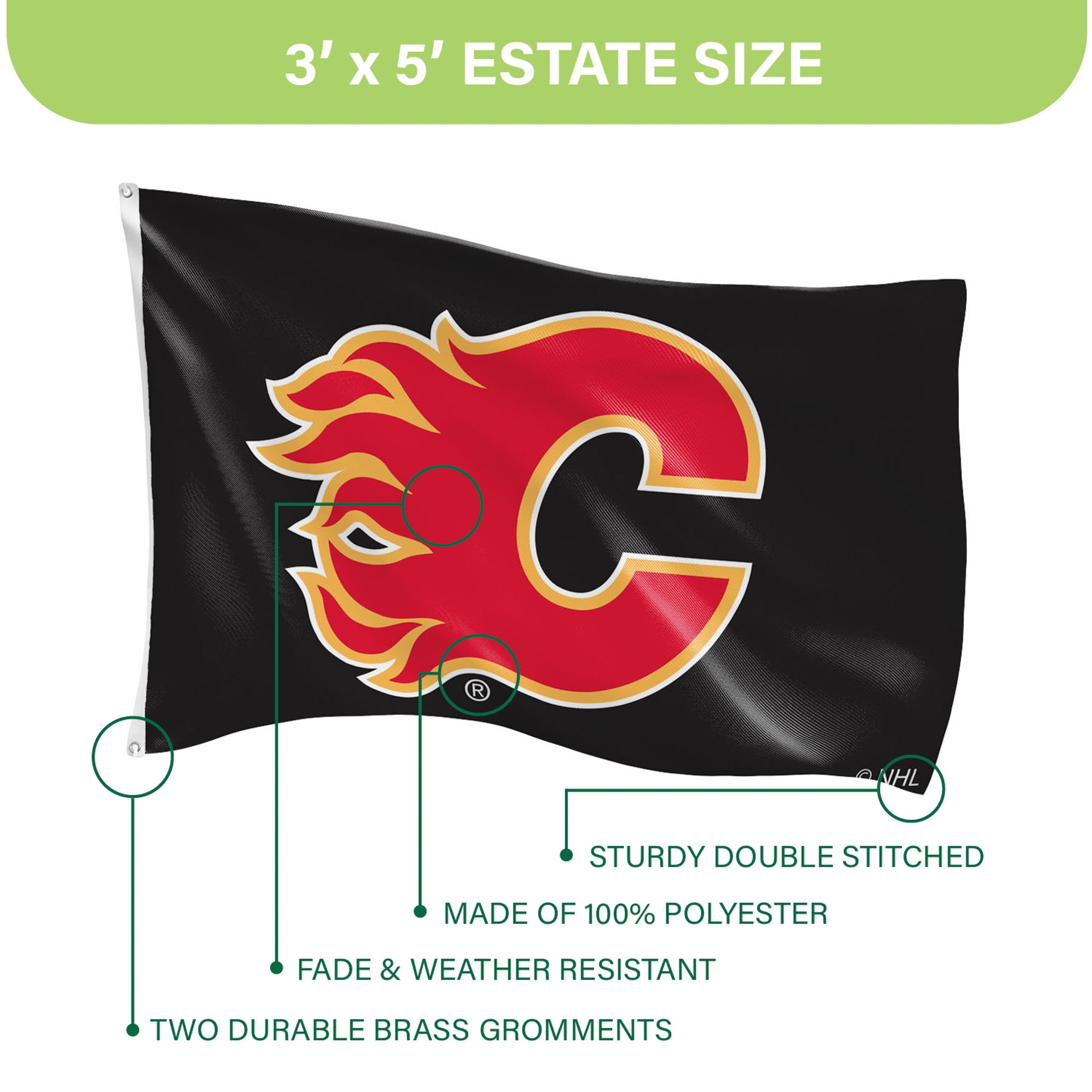 Calgary Flames Single Sided Flag w/ 2 Grommets, 3'x5' - Sports Gifts, Sports Memorabilia, Sports Collectibles, Fan Shop