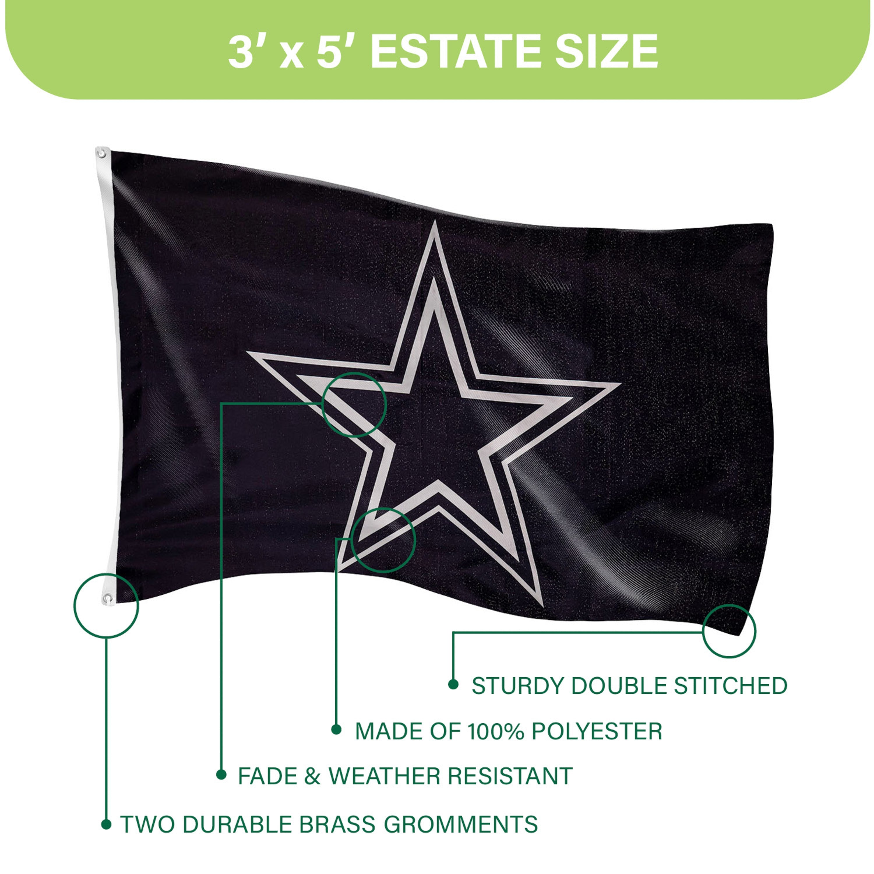 Dallas Cowboys Single Sided Estate Flag with 2 Grommets, 3'x5' - Sports Gifts, Sports Memorabilia, Sports Collectibles, Fan Shop
