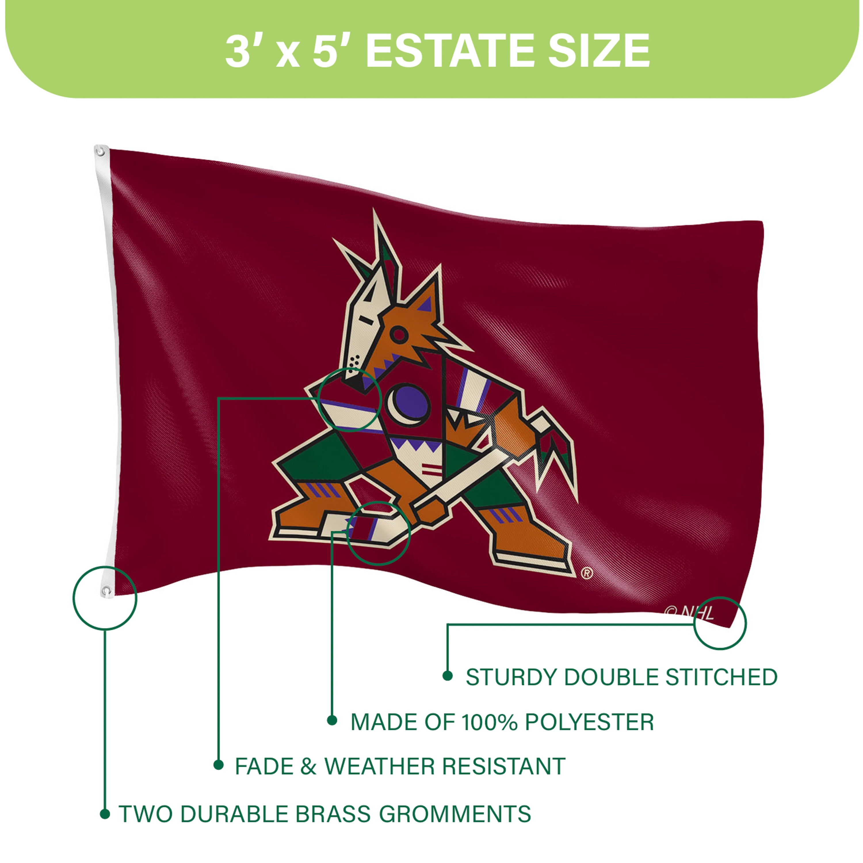 Arizona Coyotes Single Sided Flag w/ 2 Grommets, 3'x5' - Sports Gifts, Sports Memorabilia, Sports Collectibles, Fan Shop