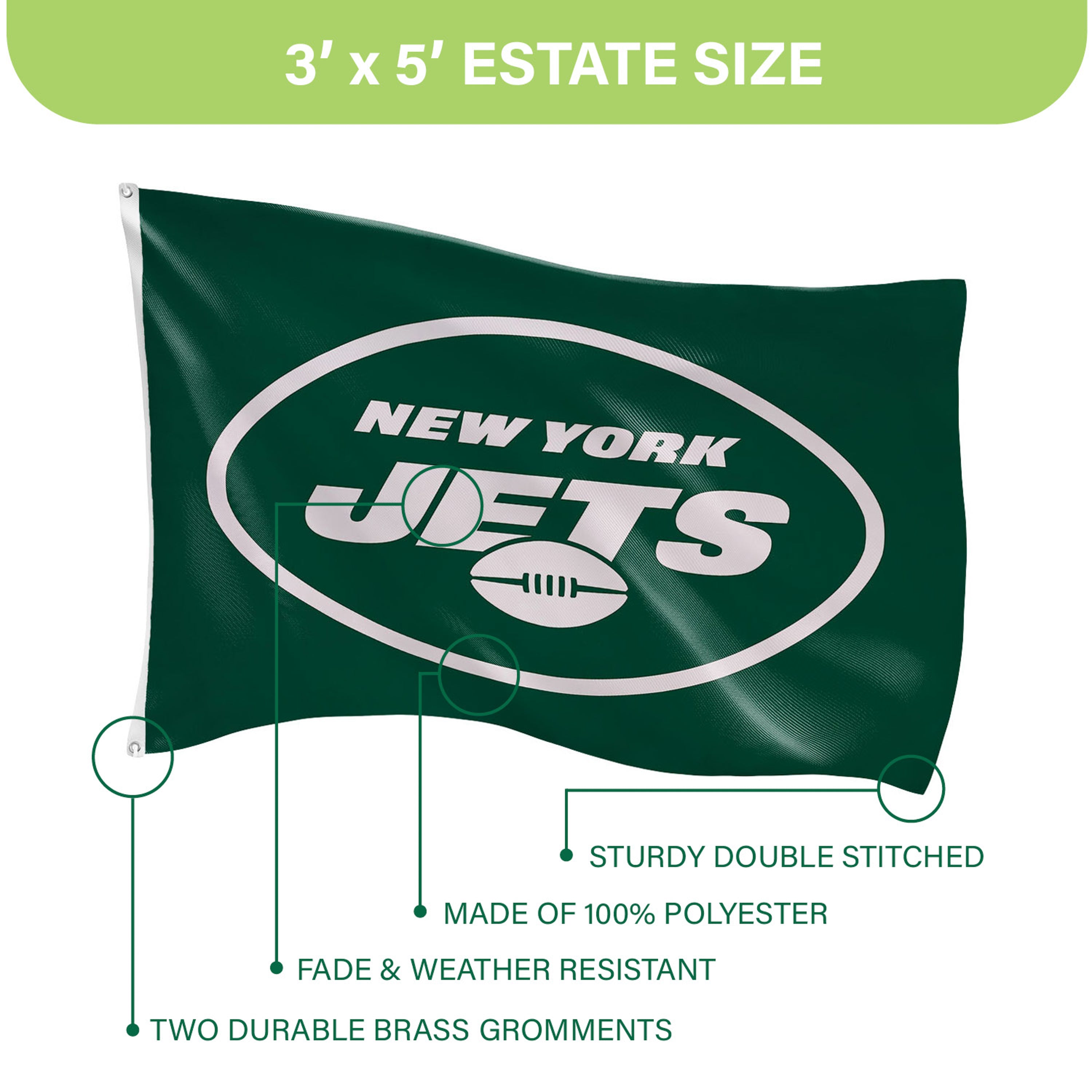 3'x5' Single Sided Flag w/ 2 Grommets, New York Jets - Sports Gifts, Sports Memorabilia, Sports Collectibles, Fan Shop