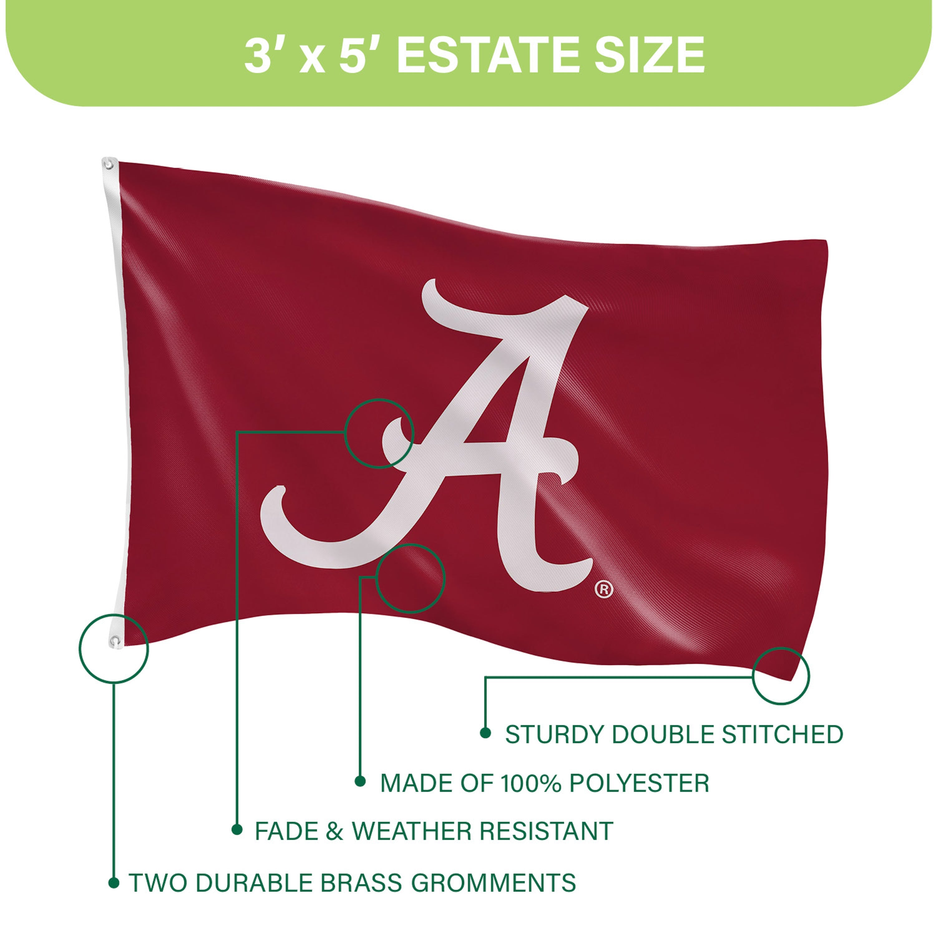 University of Alabama Single Sided Estate Flag with 2 Grommets, 3'x5' - Sports Gifts, Sports Memorabilia, Sports Collectibles, Fan Shop