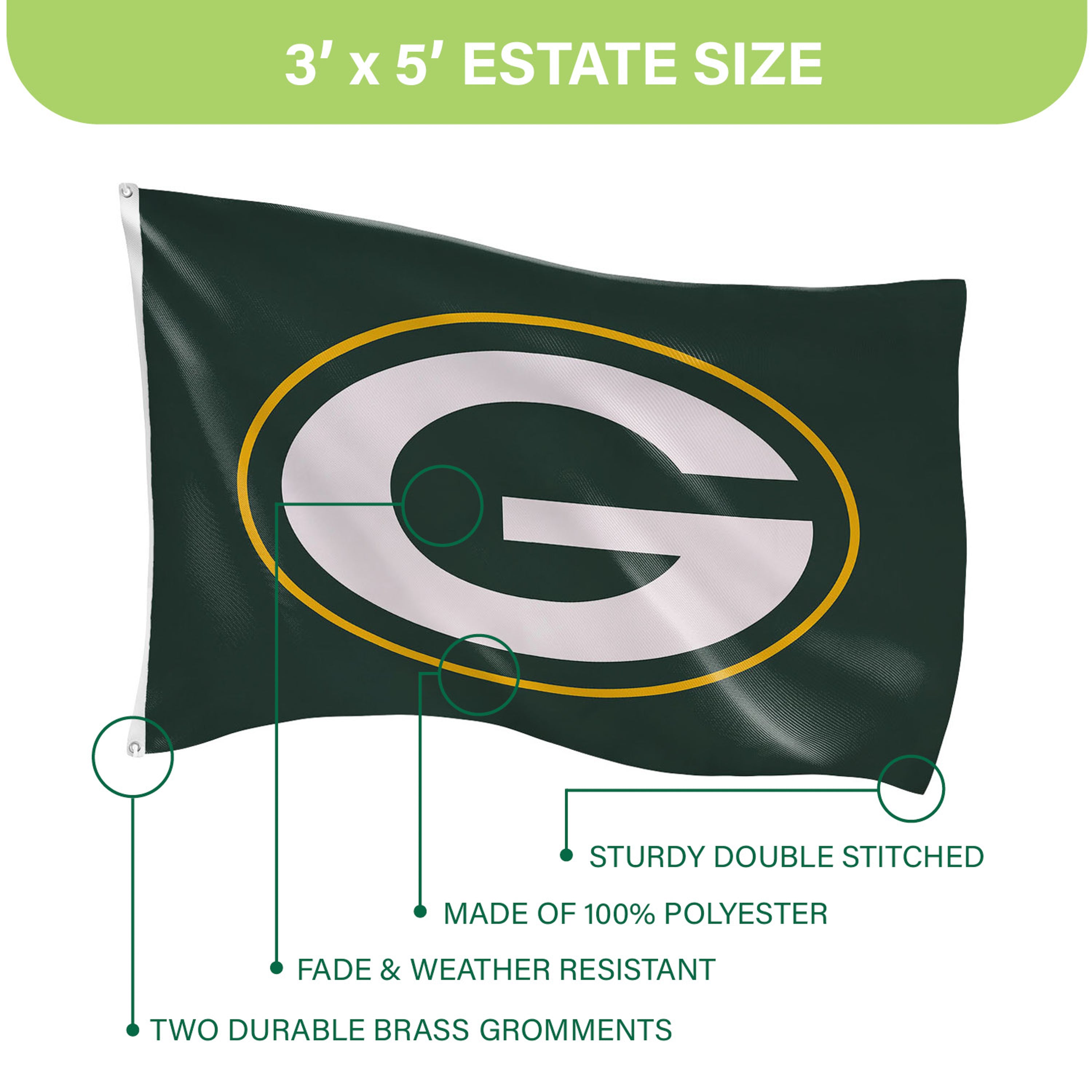 Green Bay Packers Single Sided Estate Flag with 2 Grommets, 3'x5' - Sports Gifts, Sports Memorabilia, Sports Collectibles, Fan Shop