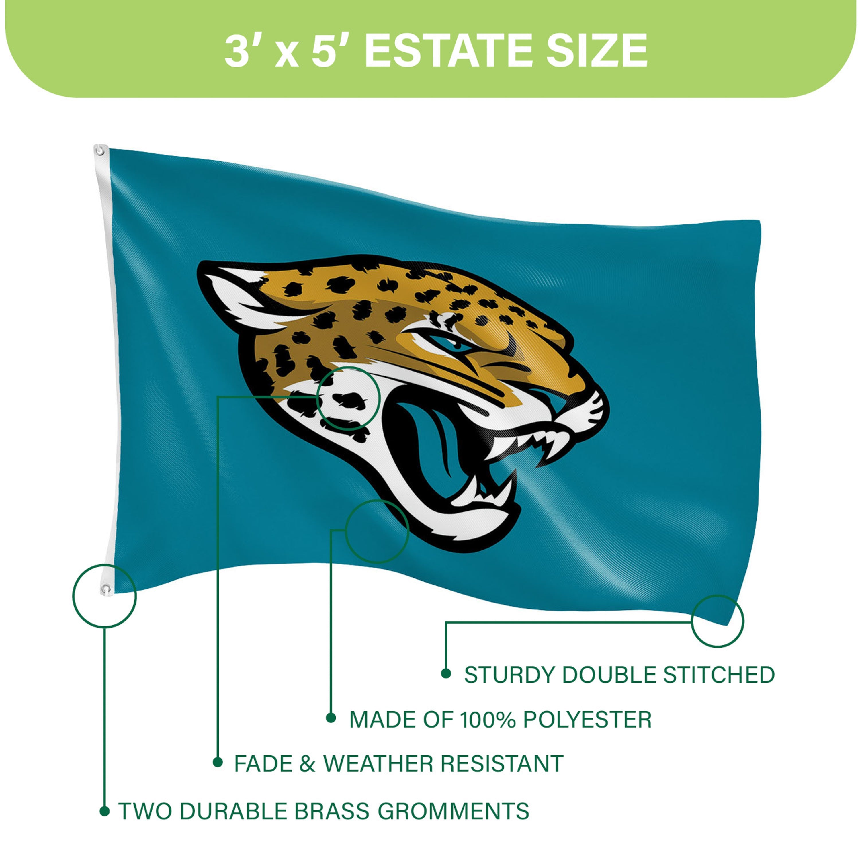 Jacksonville Jaguars Single Sided Flag w/ 2 Grommets, 3'x5' - Sports Gifts, Sports Memorabilia, Sports Collectibles, Fan Shop