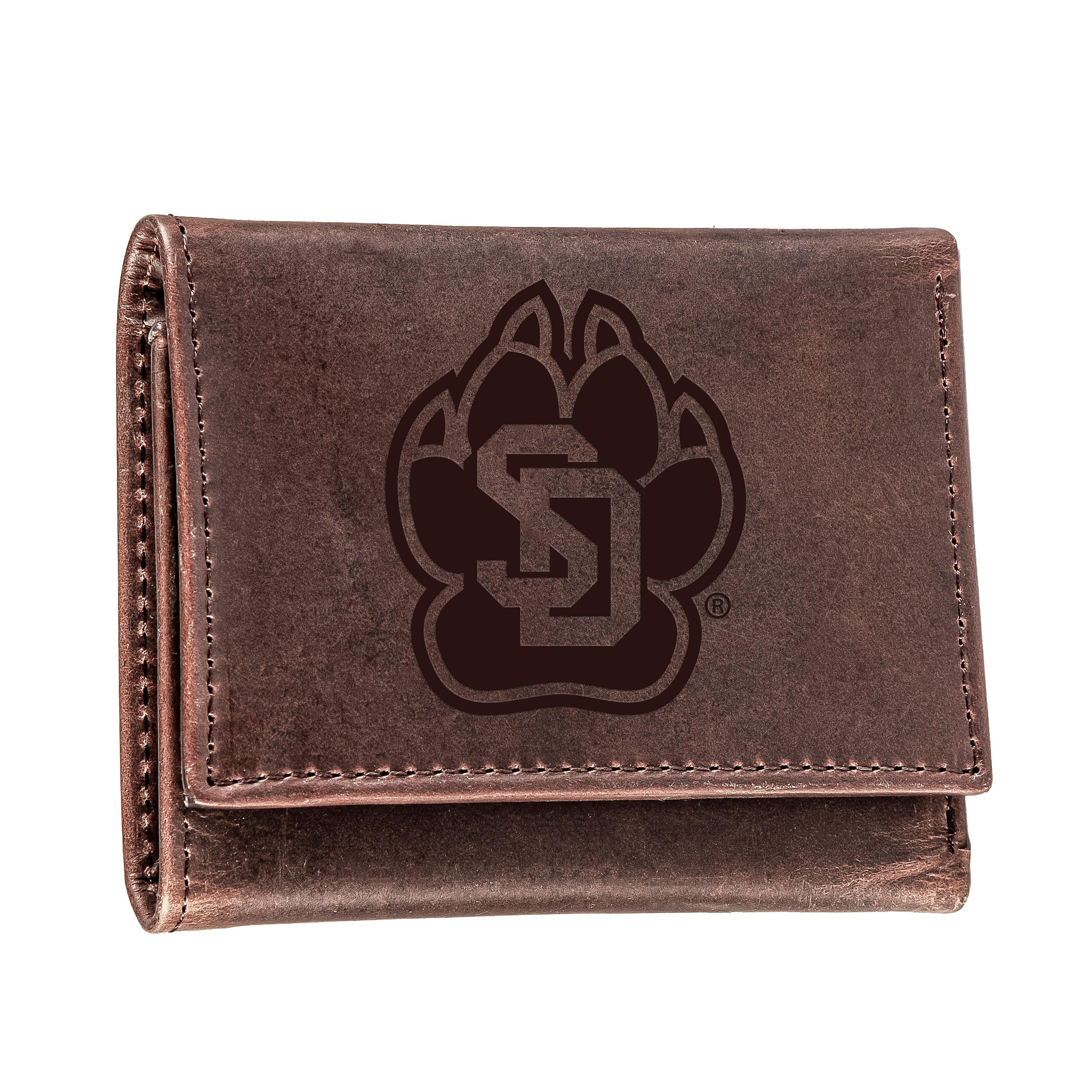 University of South Dakota, Tri-Fold Wallet, Brown, CH, 100% Genuine Leather - Sports Collectibles, Sports Memorabilia, Sports Fan Shop, Sports Gifts