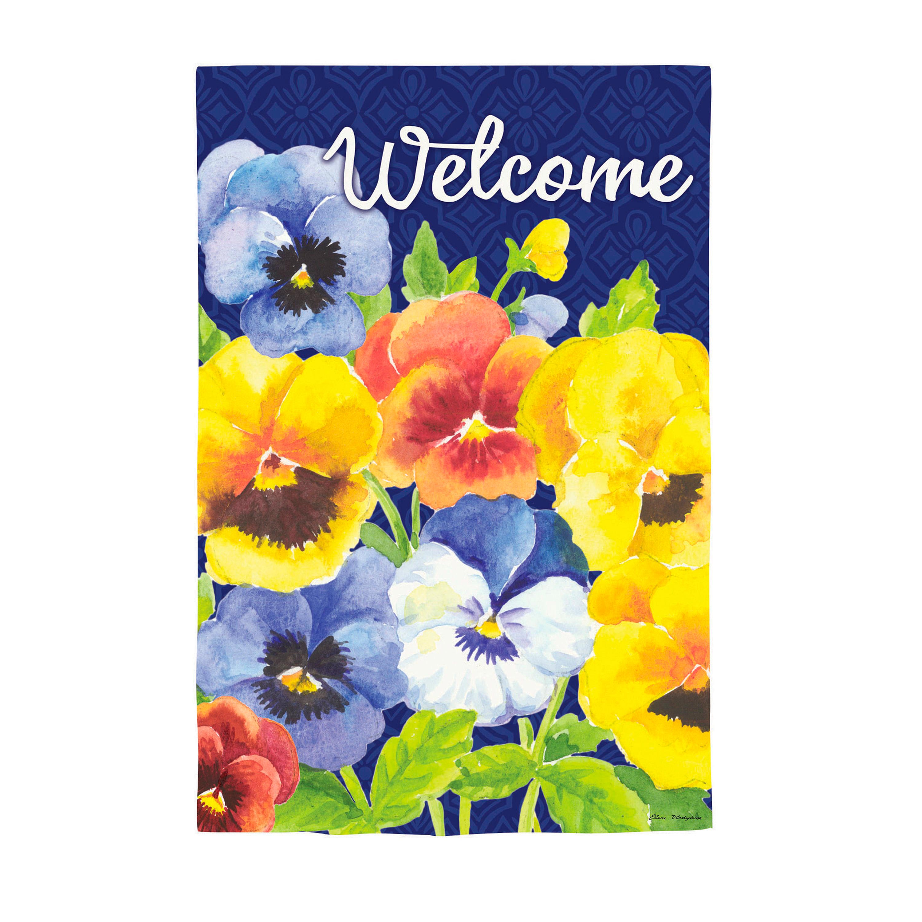 Welcome Pansies Suede House Flag - Sports Gifts, Sports Memorabilia, Sports Collectibles, Fan Shop
