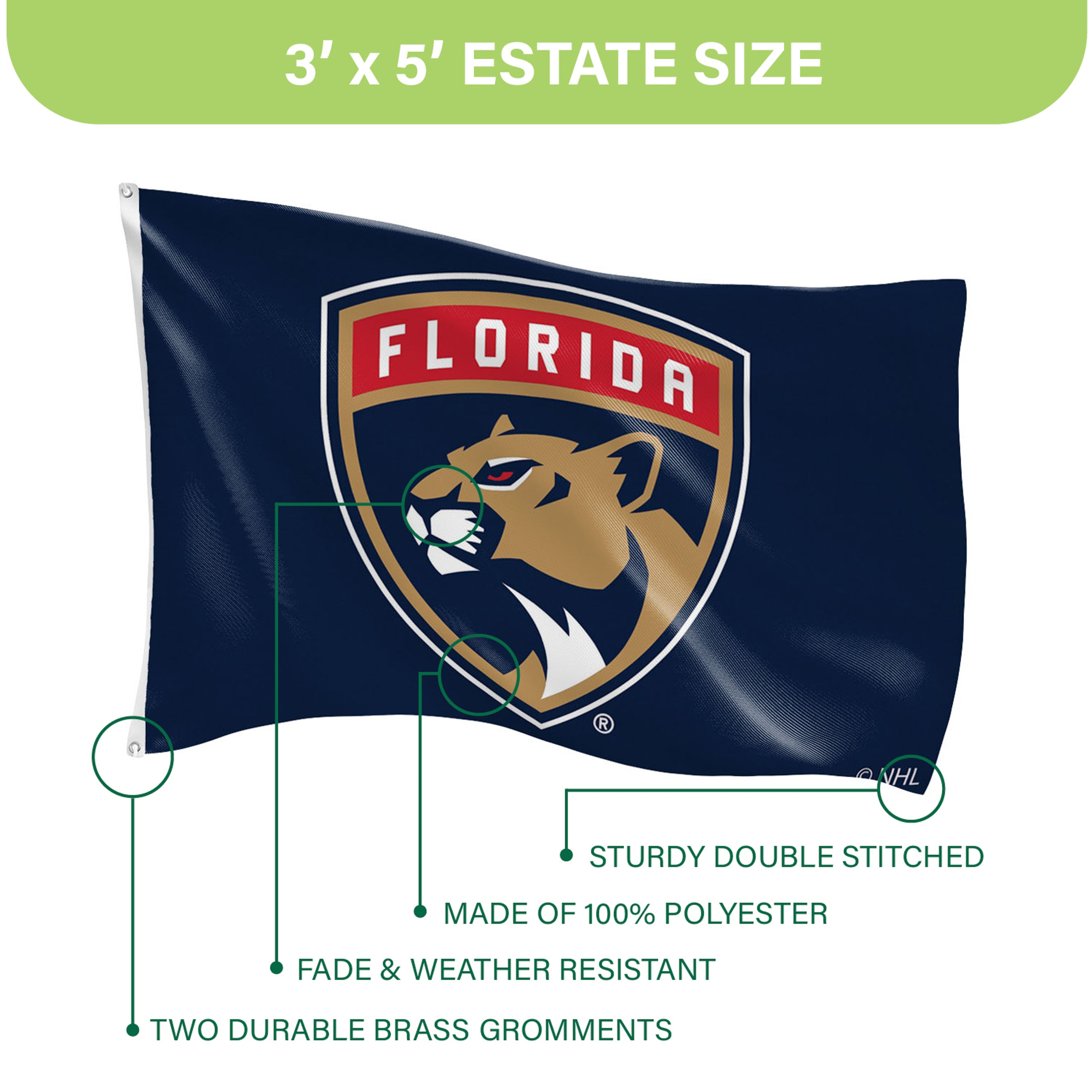 Florida Panthers Single Sided Flag w/ 2 Grommets, 3'x5' - Sports Gifts, Sports Memorabilia, Sports Collectibles, Fan Shop