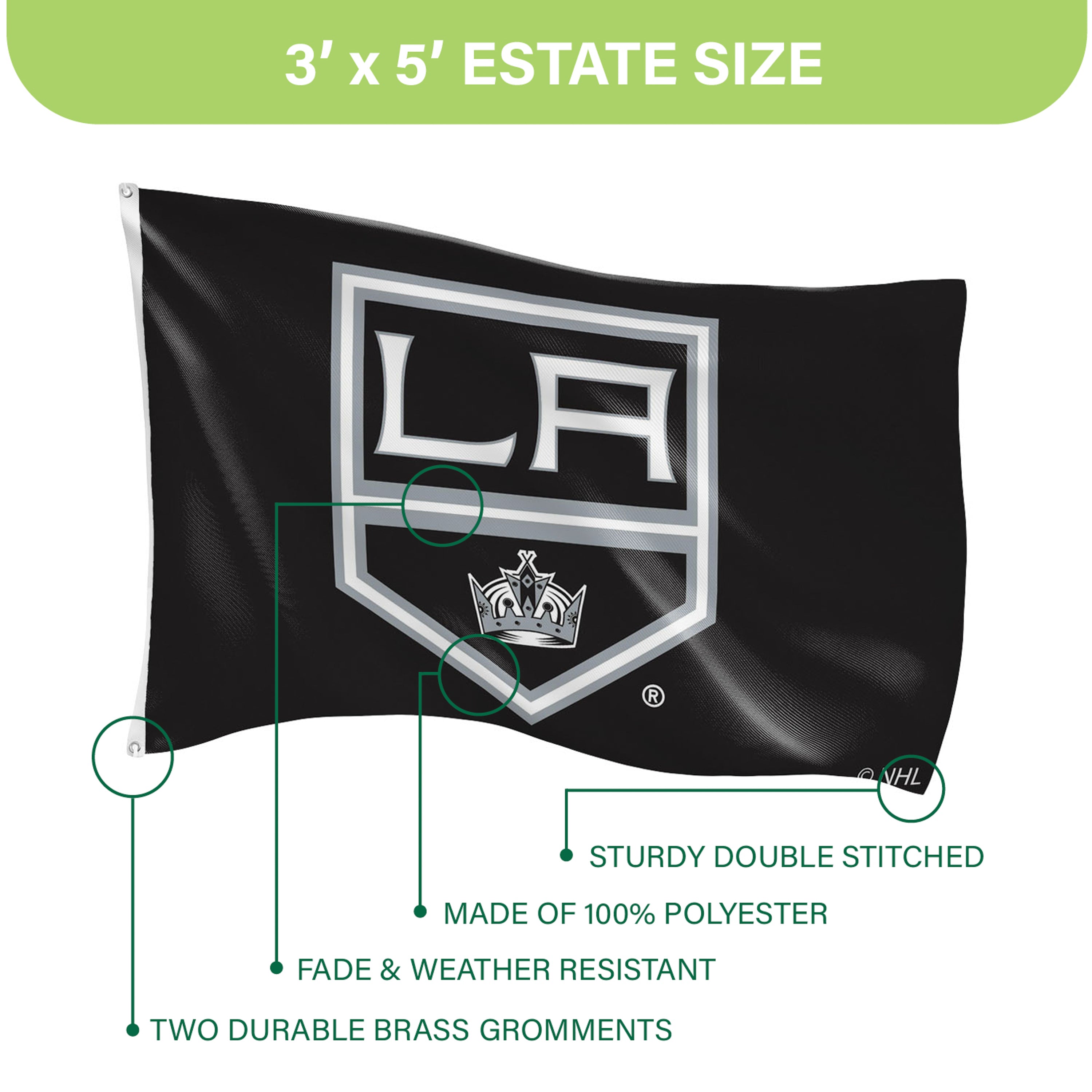 Los Angeles Kings Single Sided Flag w/ 2 Grommets, 3'x5' - Sports Gifts, Sports Memorabilia, Sports Collectibles, Fan Shop