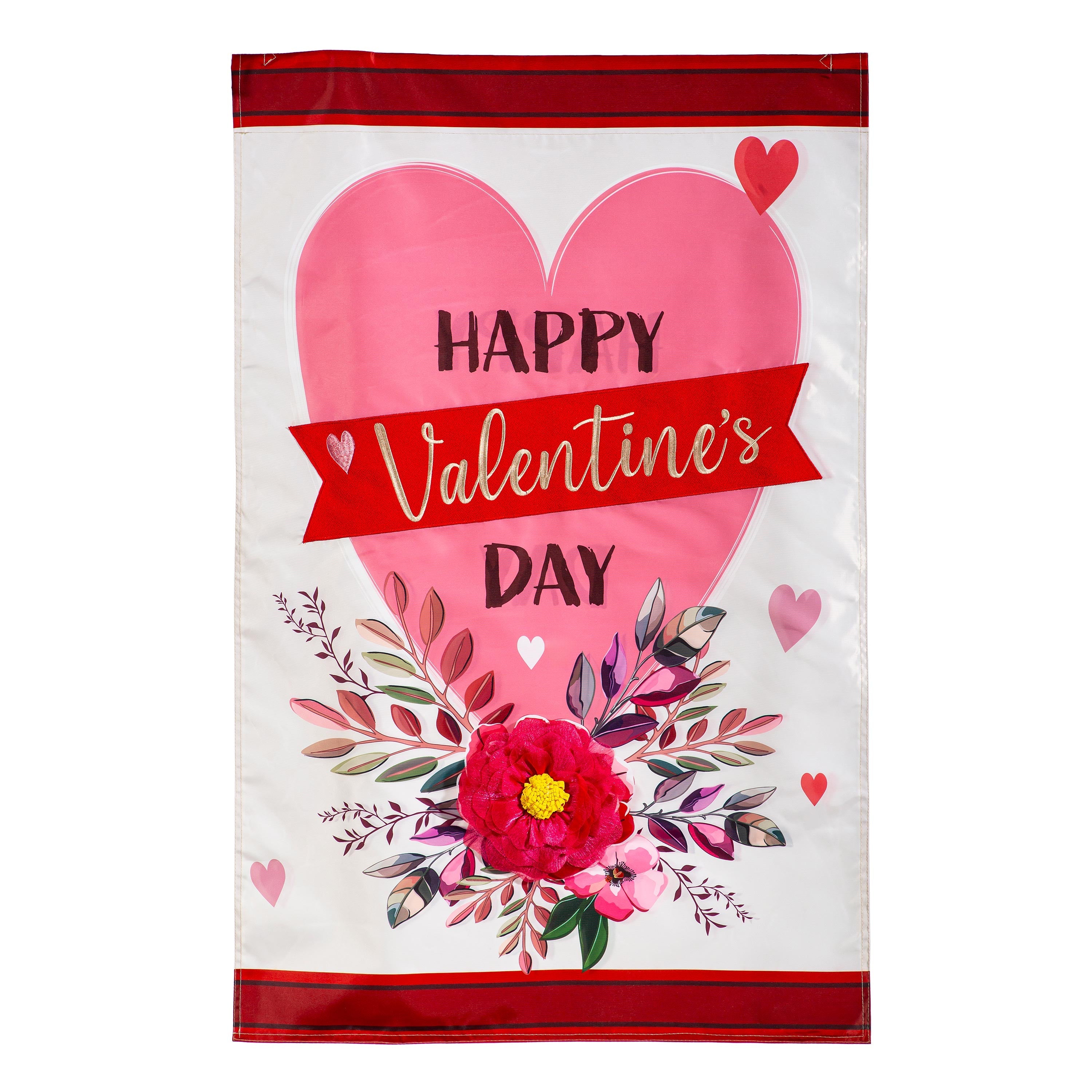 Happy Valentine's Day Heart and Floral Applique House Flag - Sports Collectibles, Sports Memorabilia, Sports Fan Shop, Sports Gifts