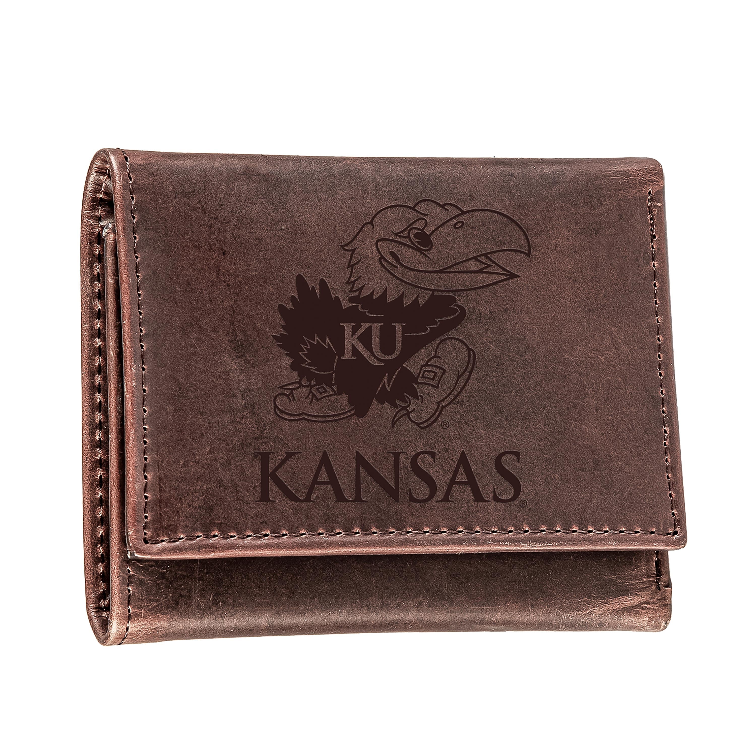 University of Kansas, Tri-Fold Wallet, Brown, CH, 100% Genuine Leather - Sports Collectibles, Sports Memorabilia, Sports Fan Shop, Sports Gifts