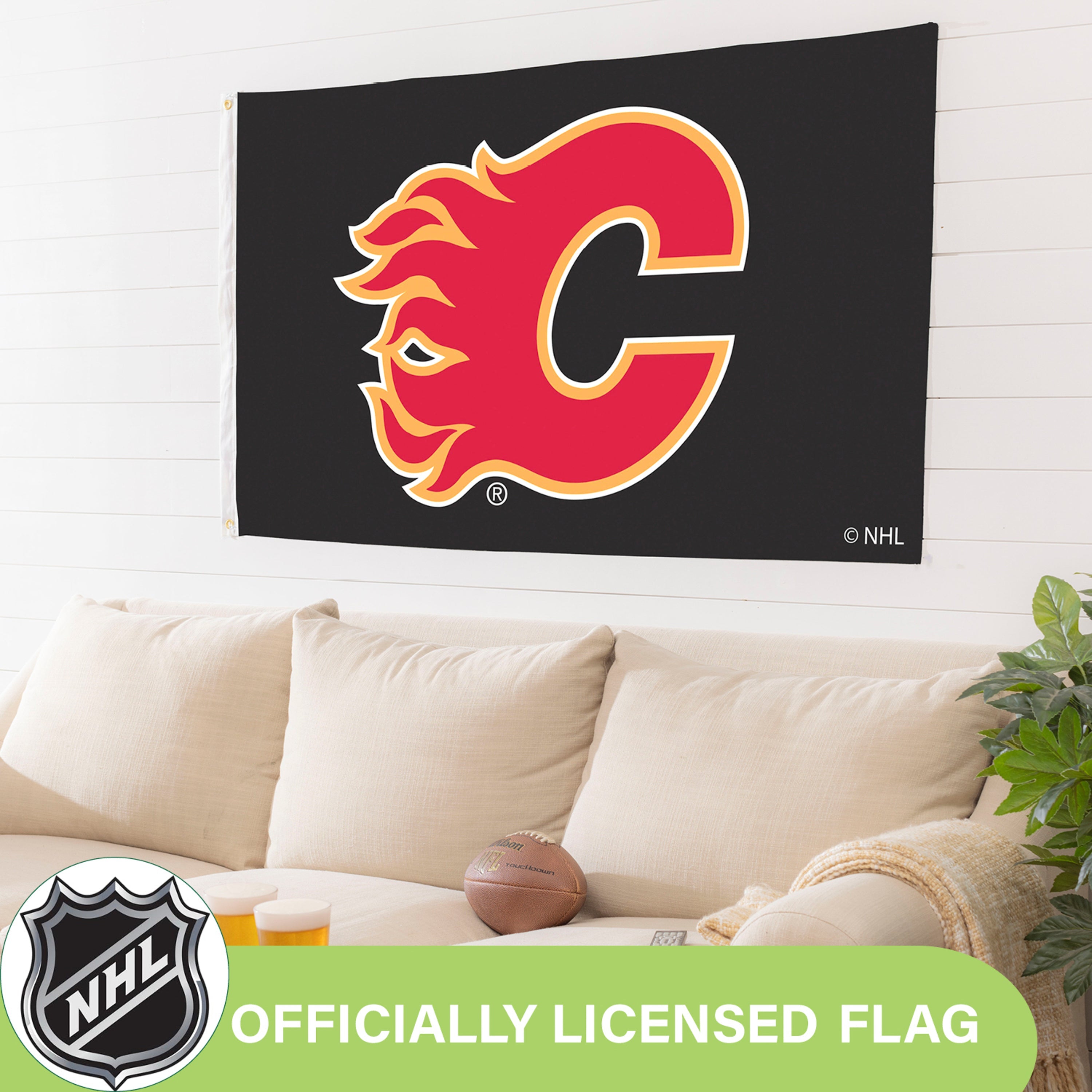 Calgary Flames Single Sided Flag w/ 2 Grommets, 3'x5' - Sports Gifts, Sports Memorabilia, Sports Collectibles, Fan Shop