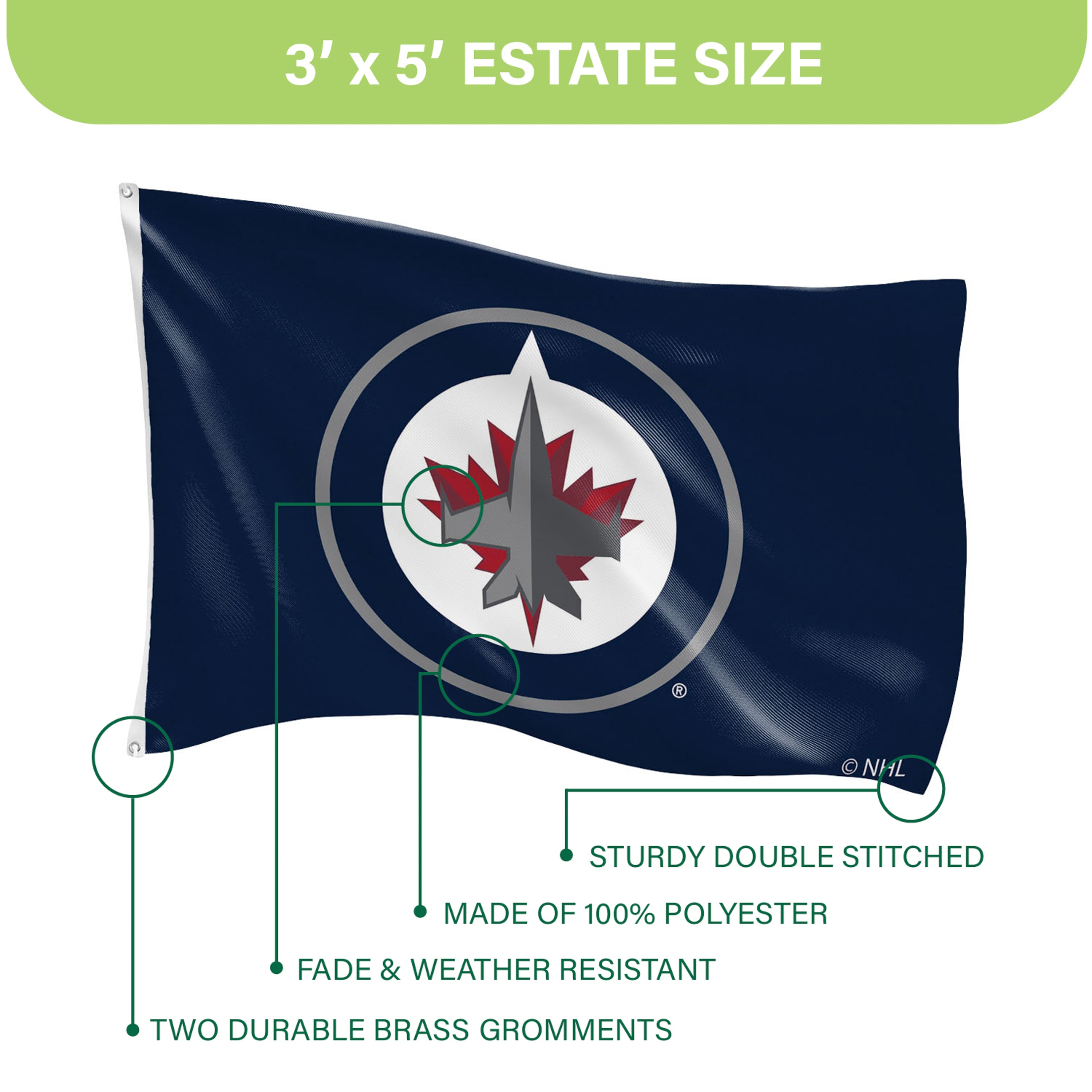 Winnipeg Jets Single Sided Flag w/ 2 Grommets, 3'x5' - Sports Gifts, Sports Memorabilia, Sports Collectibles, Fan Shop
