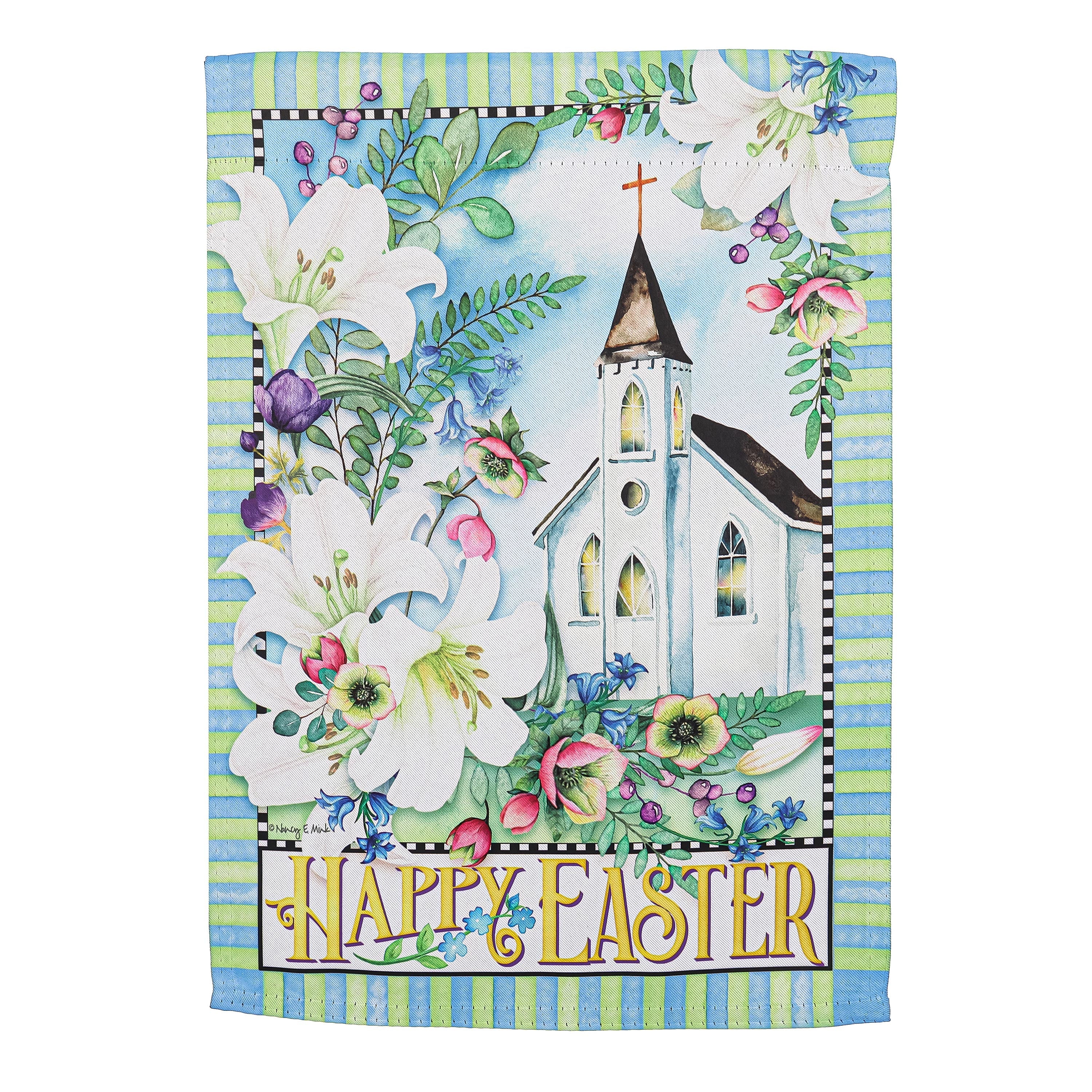 Easter Church with Flowers Suede House Flag - Sports Collectibles, Sports Memorabilia, Sports Fan Shop, Sports Gifts