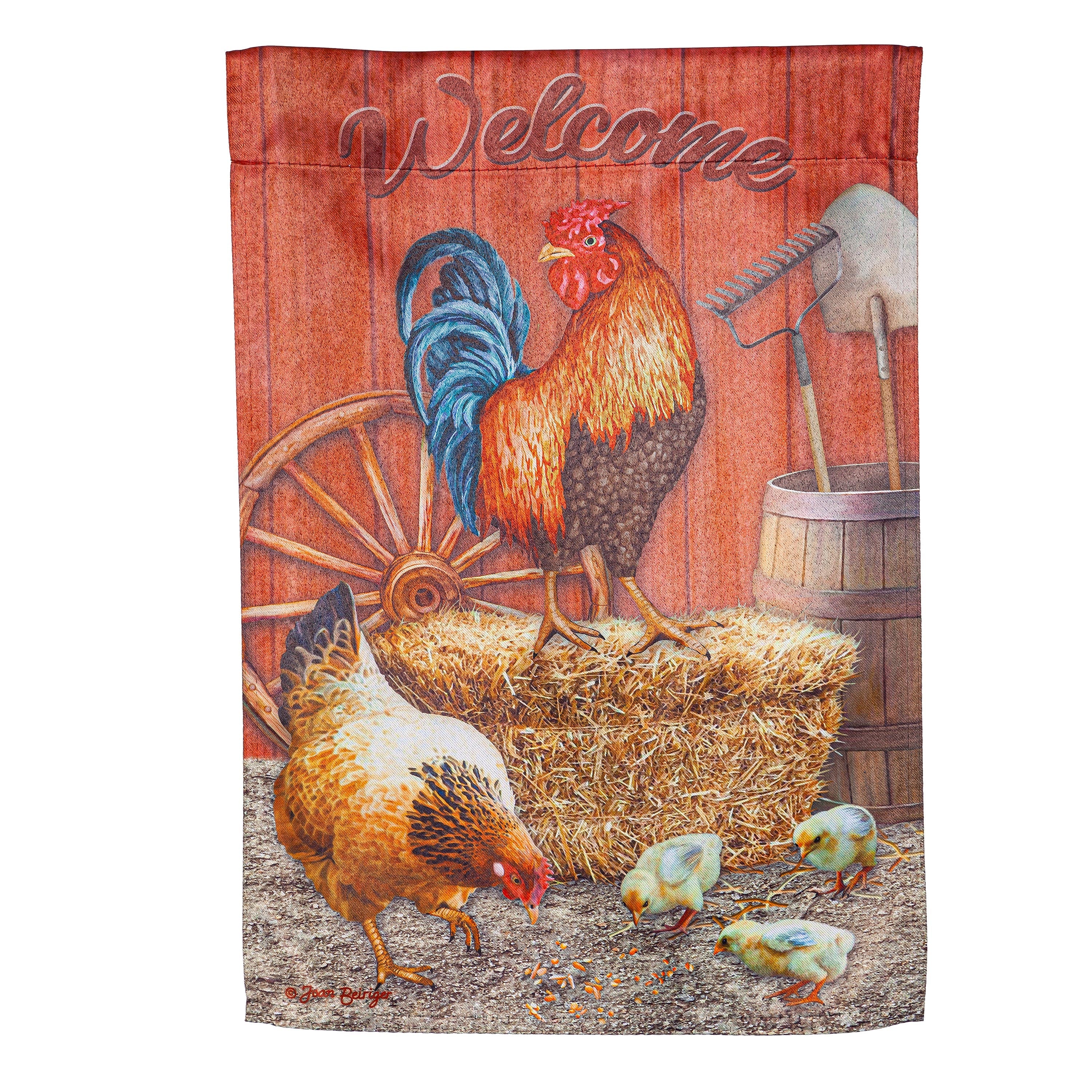 Chicken in Barn Suede Garden Flag - Sports Collectibles, Sports Memorabilia, Sports Fan Shop, Sports Gifts
