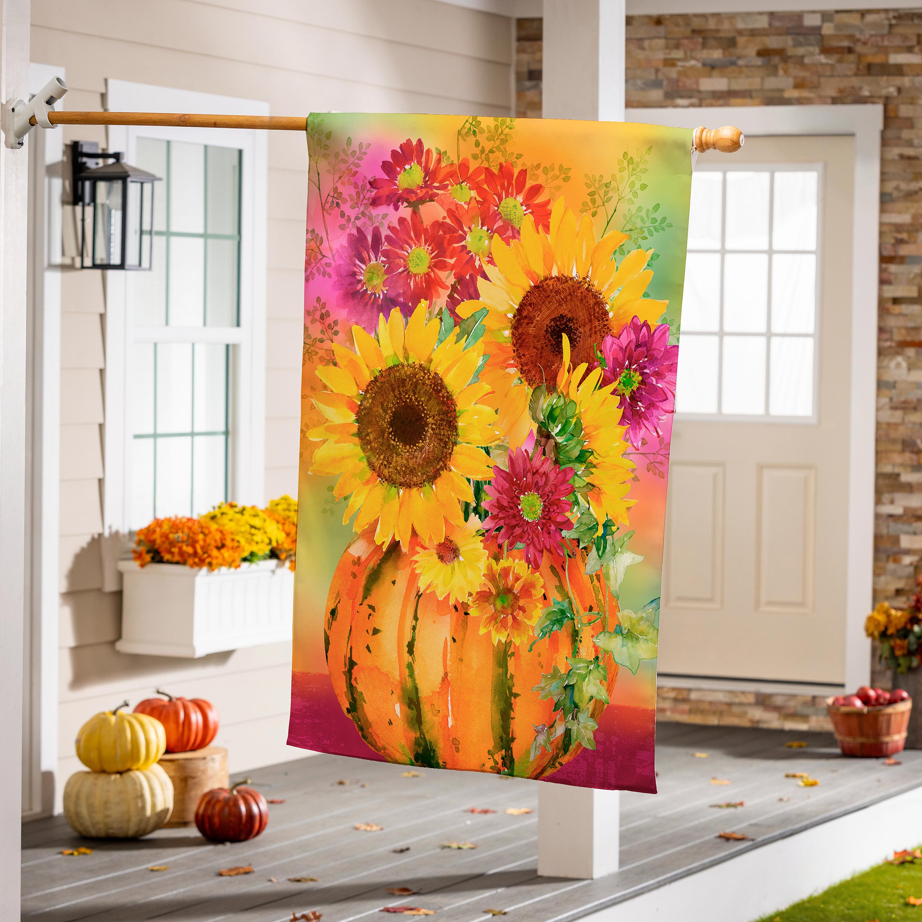 Pumpkin Floral Watercolor Burlap House Flag - Sports Collectibles, Sports Memorabilia, Sports Fan Shop, Sports Gifts