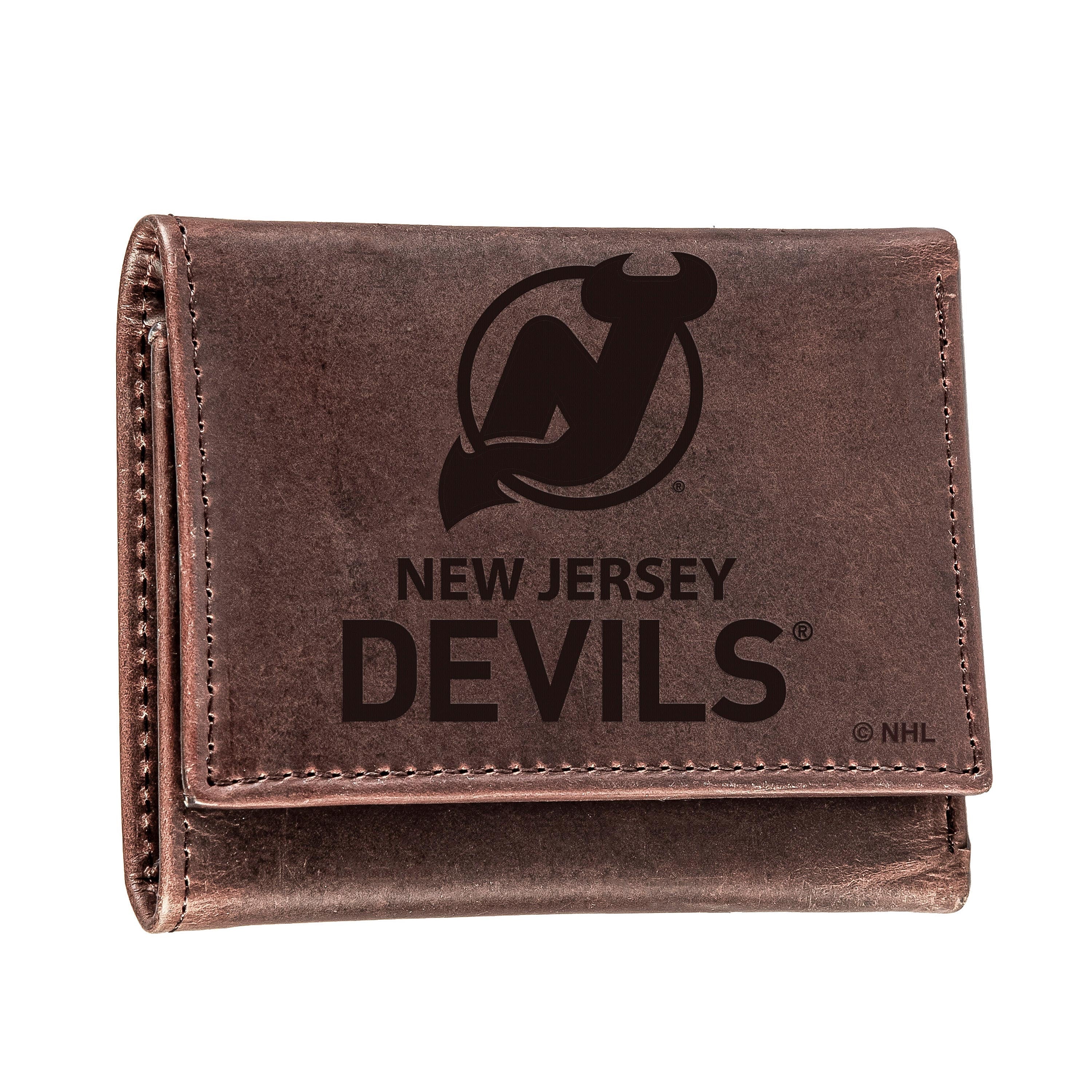 New Jersey Devils, Tri-Fold Wallet, Brown, CH, 100% Genuine Leather - Sports Collectibles, Sports Memorabilia, Sports Fan Shop, Sports Gifts