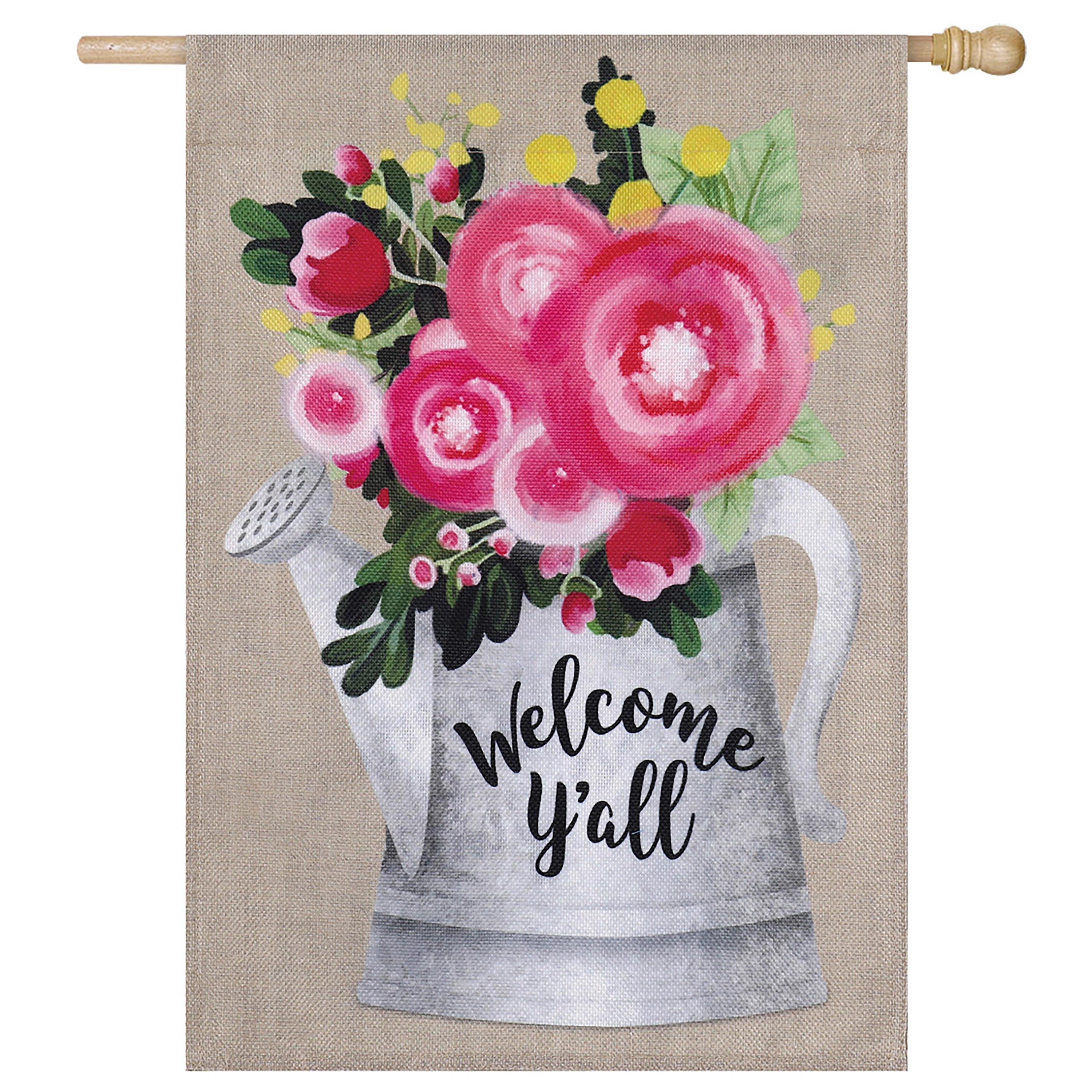 Welcom Y'all Floral Can House Burlap Flag - Sports Collectibles, Sports Memorabilia, Sports Fan Shop, Sports Gifts