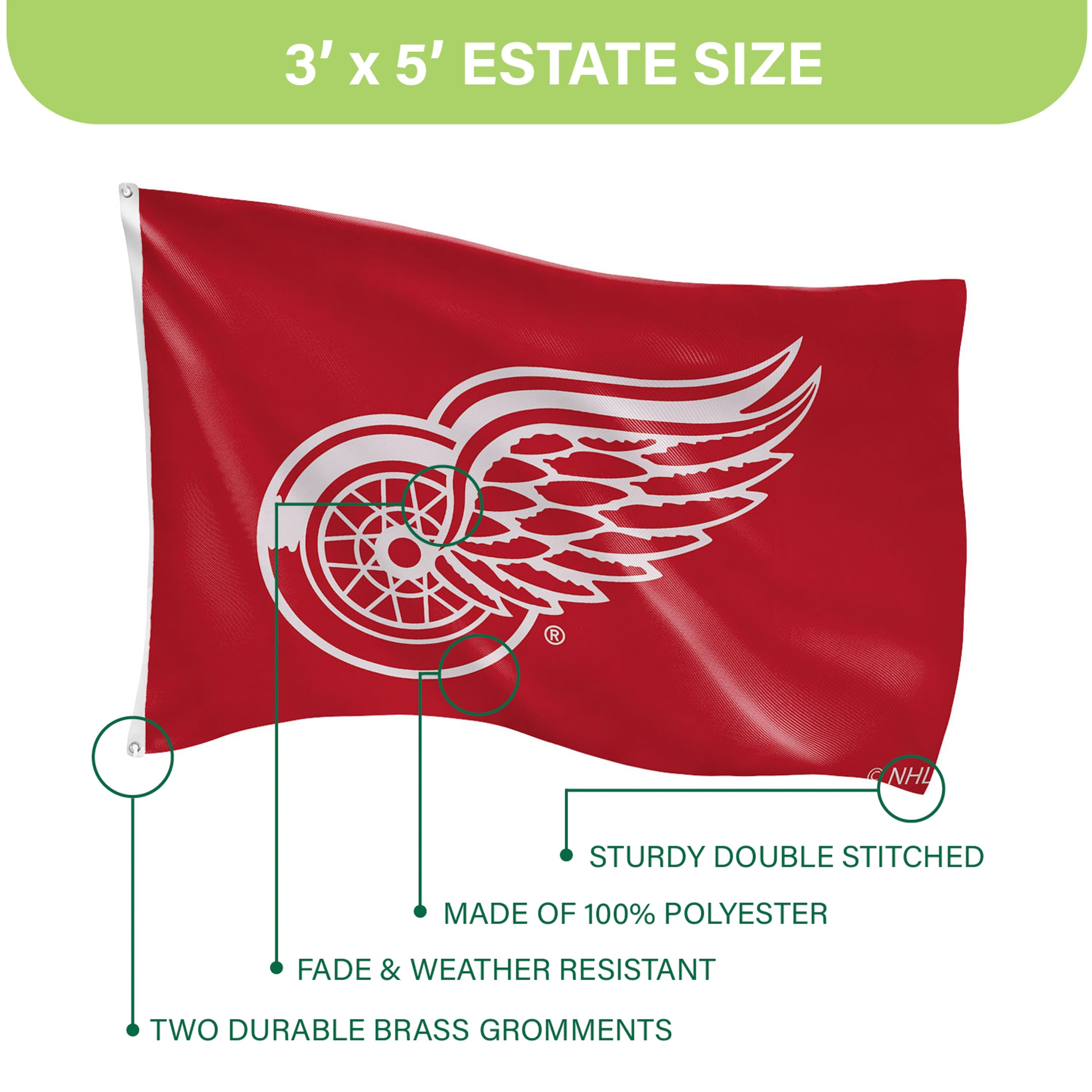 Detroit Red Wings Single Sided Estate Flag with 2 Grommets, 3'x5' - Sports Gifts, Sports Memorabilia, Sports Collectibles, Fan Shop