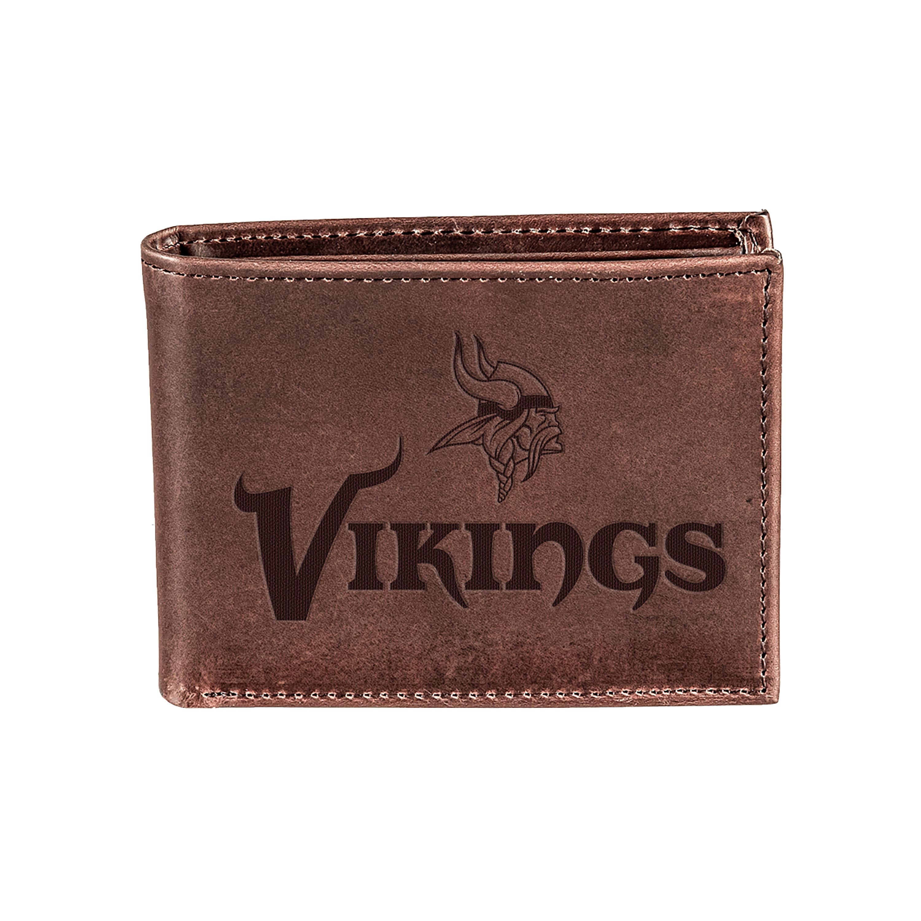 Minnesota Vikings, Bi-Fold Wallet, Brown, CH, 100% Genuine Leather - Sports Collectibles, Sports Memorabilia, Sports Fan Shop, Sports Gifts