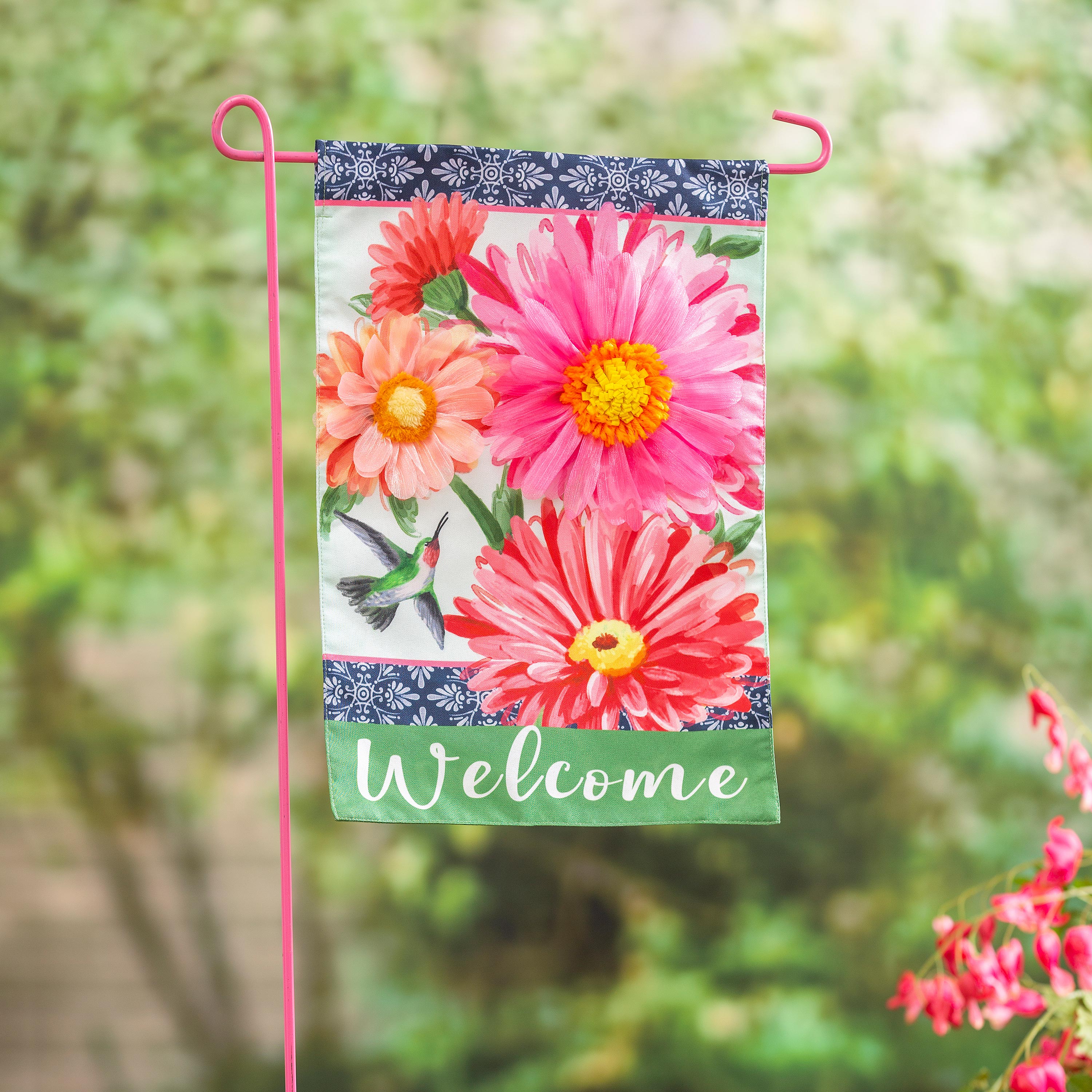 Gerberas and Hummingbird Garden Linen Flag - Sports Gifts, Sports Memorabilia, Sports Collectibles, Fan Shop