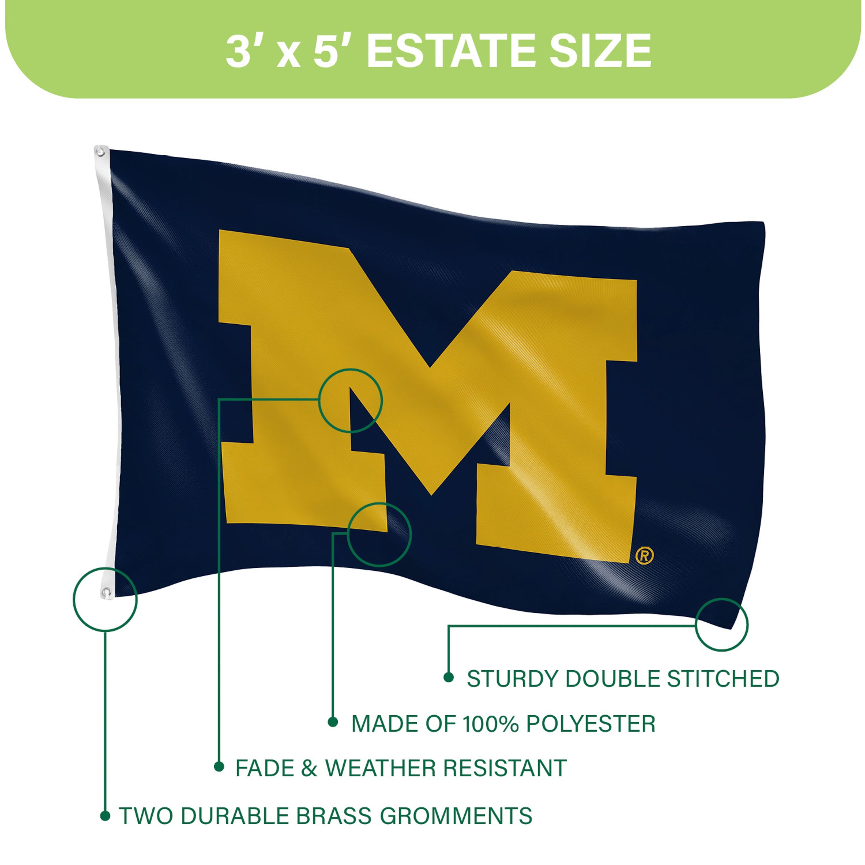 3'x5' Single Sided Flag w/ 2 Grommets, University Of Michigan - Sports Gifts, Sports Memorabilia, Sports Collectibles, Fan Shop