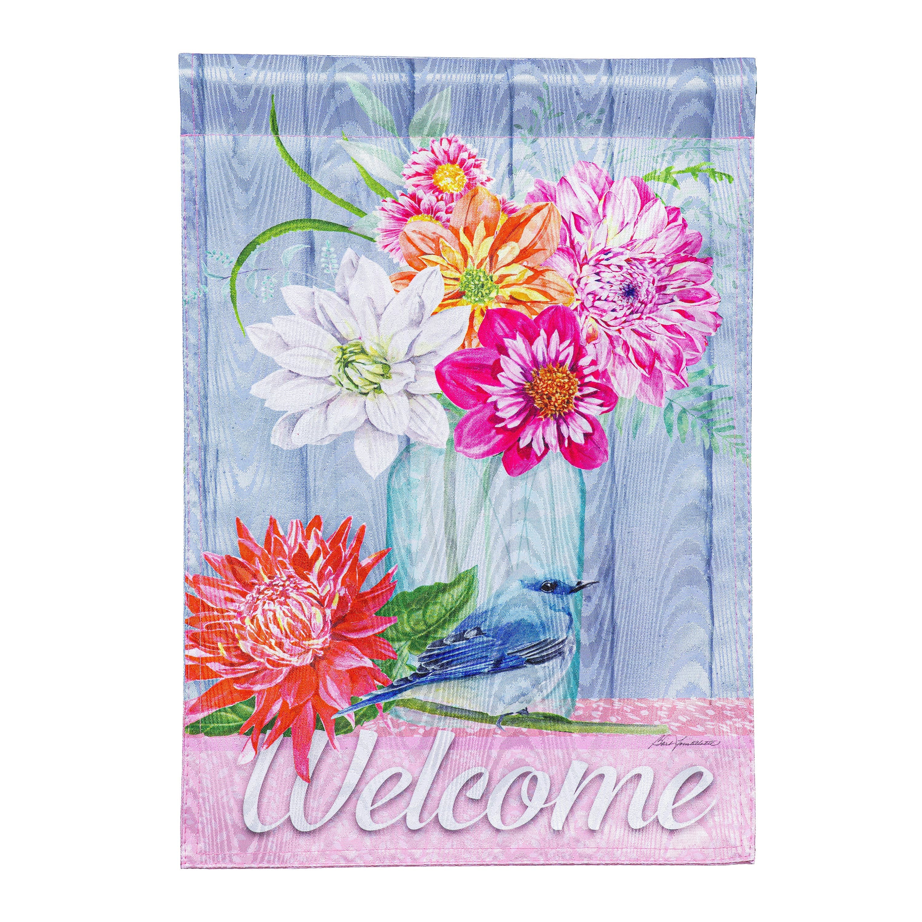Dahlias and Bluebird Moire Garden Flag - Sports Collectibles, Sports Memorabilia, Sports Fan Shop, Sports Gifts