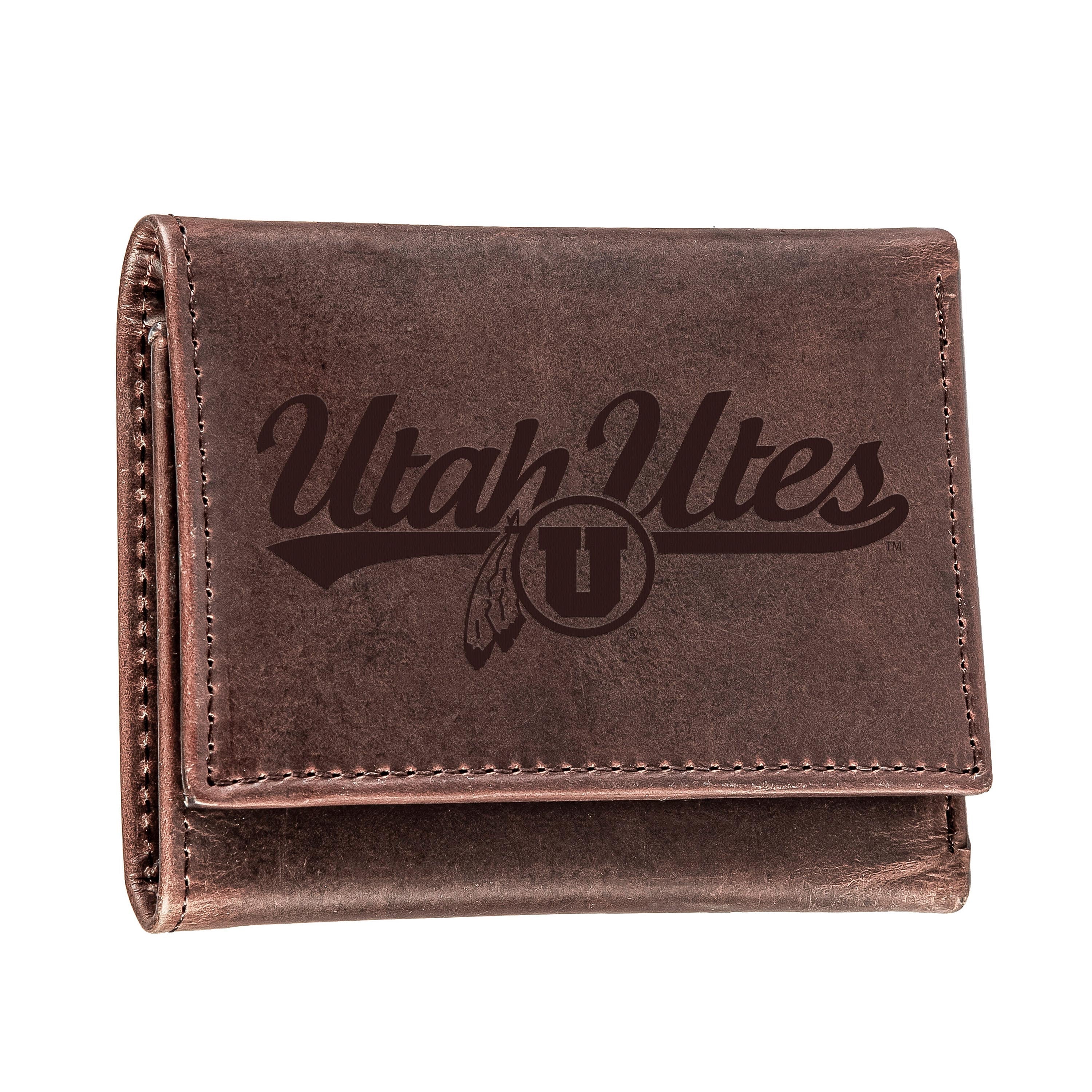 University of Utah, Tri-Fold Wallet, Brown, CH, 100% Genuine Leather - Sports Collectibles, Sports Memorabilia, Sports Fan Shop, Sports Gifts