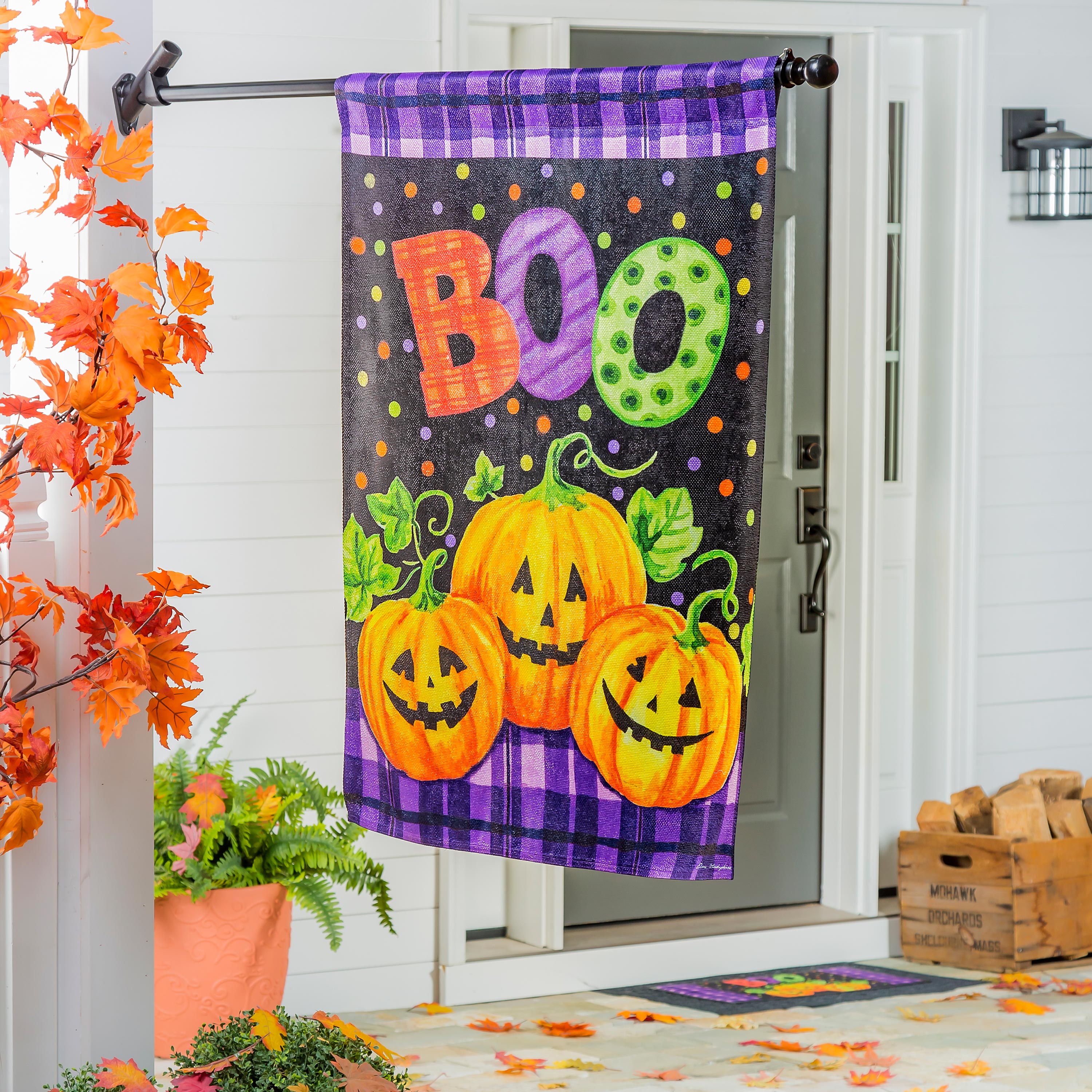 Boo Jack-o-Lanterns House Textured Suede Flag - Sports Collectibles, Sports Memorabilia, Sports Fan Shop, Sports Gifts