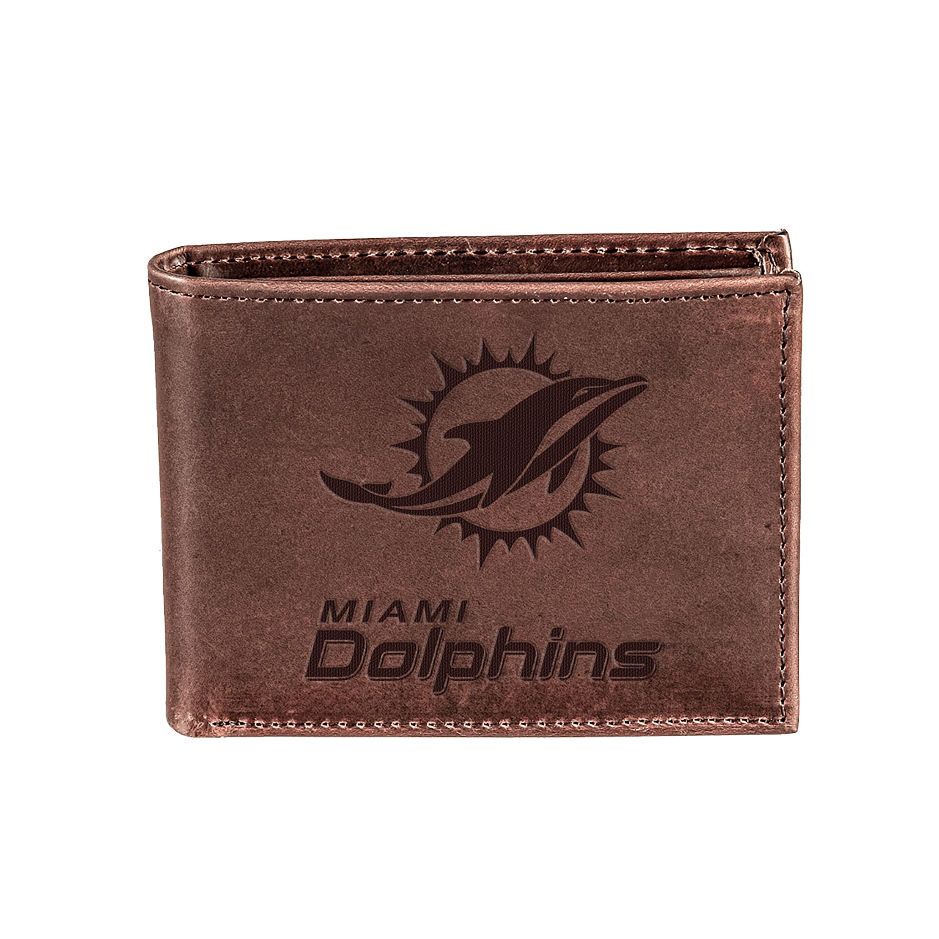 Miami Dolphins, Bi-Fold Wallet, Brown, CH, 100% Genuine Leather - Sports Collectibles, Sports Memorabilia, Sports Fan Shop, Sports Gifts