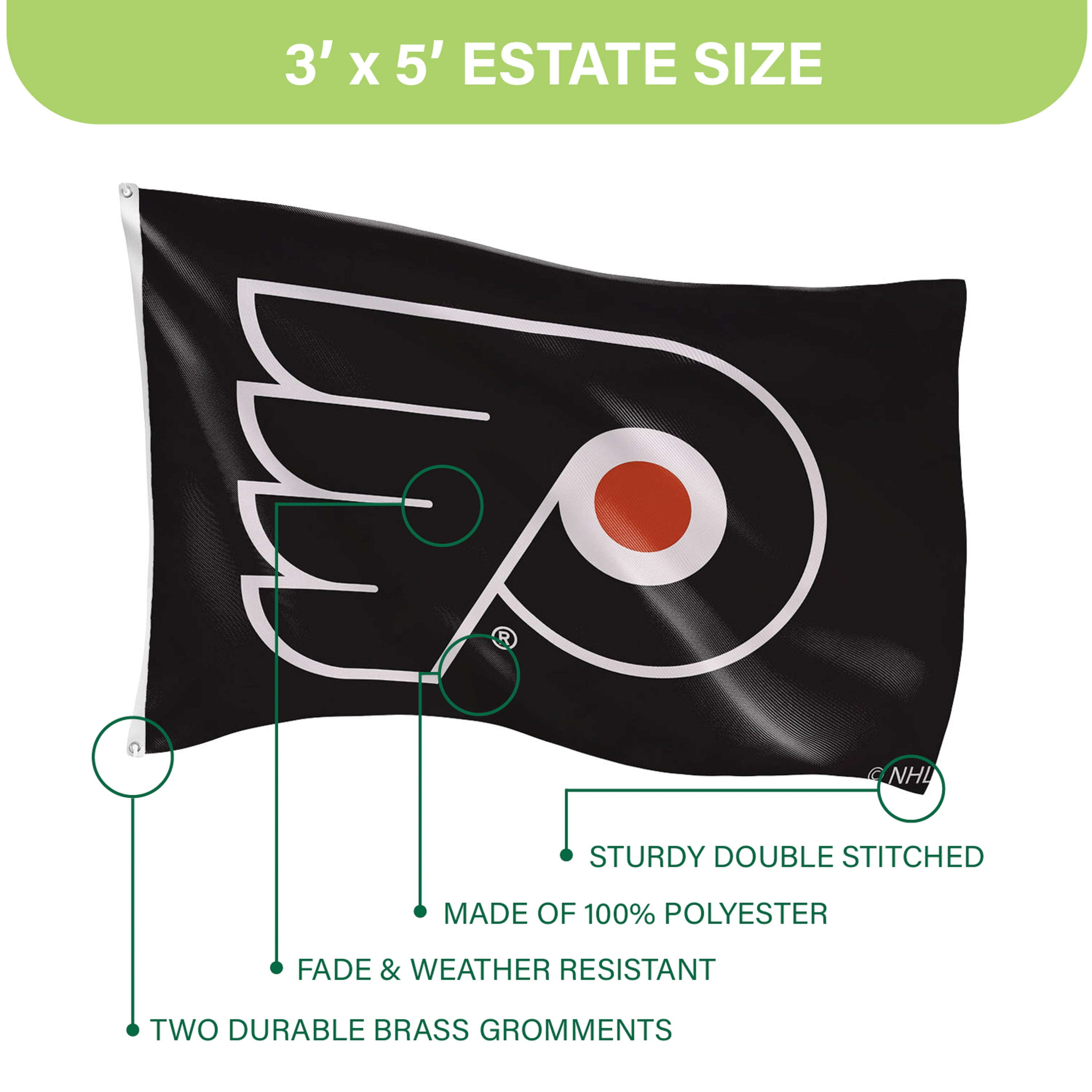 Philadelphia Flyers Single Sided Estate Flag with 2 Grommets, 3'x5' - Sports Gifts, Sports Memorabilia, Sports Collectibles, Fan Shop