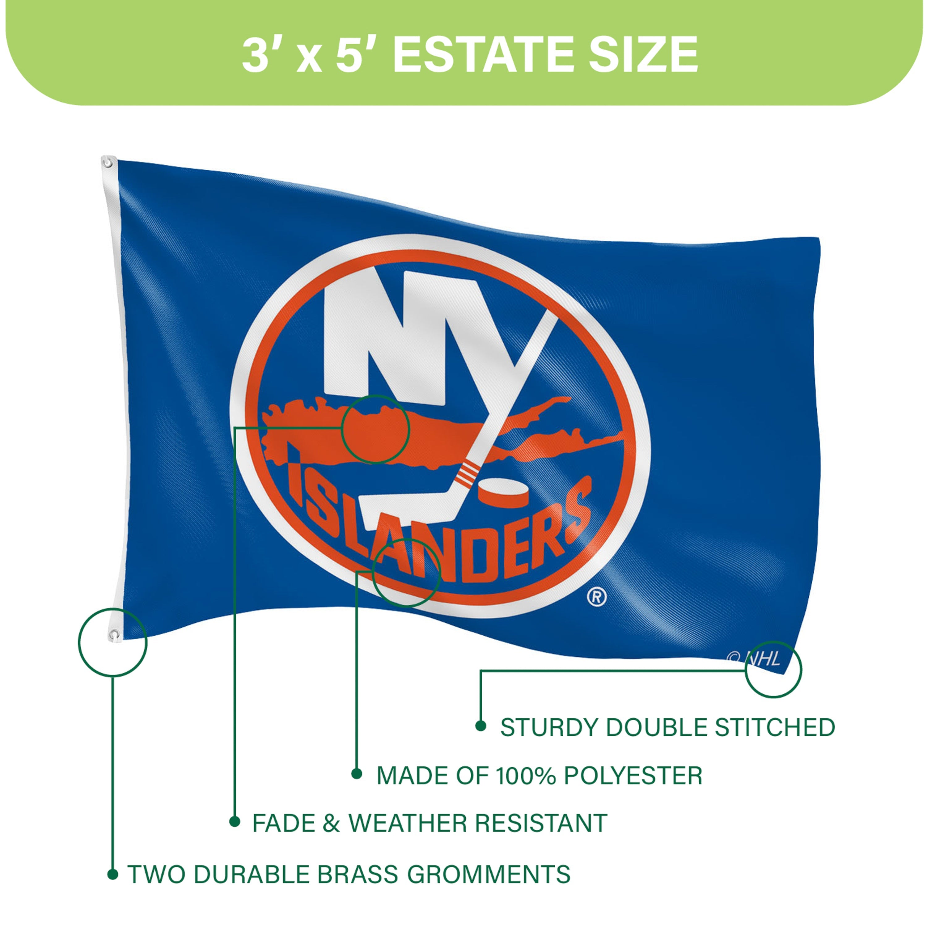 New York Islanders Single Sided Flag w/ 2 Grommets, 3'x5' - Sports Gifts, Sports Memorabilia, Sports Collectibles, Fan Shop