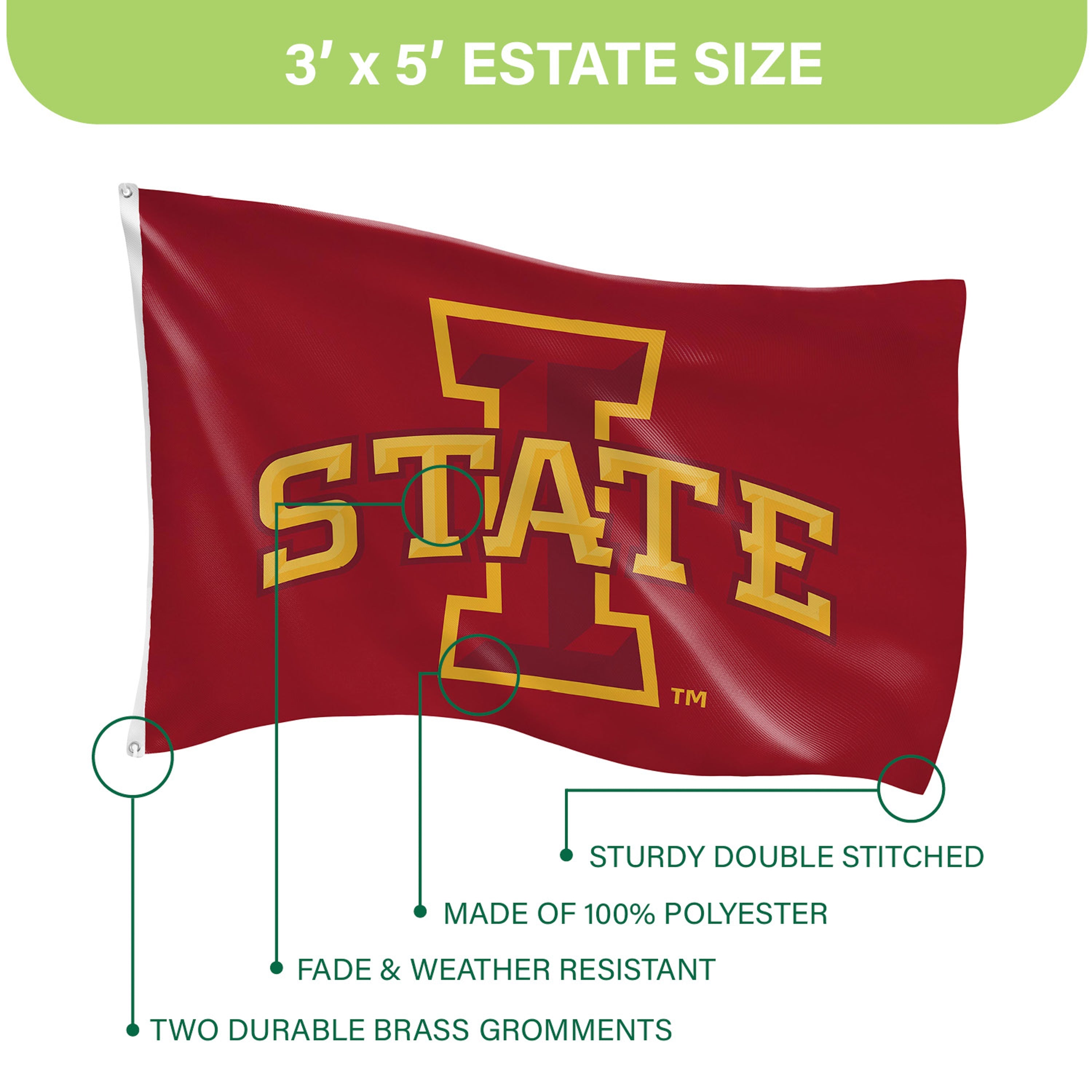 Iowa State University Single Sided Estate Flag with 2 Grommets, 3'x5' - Sports Gifts, Sports Memorabilia, Sports Collectibles, Fan Shop