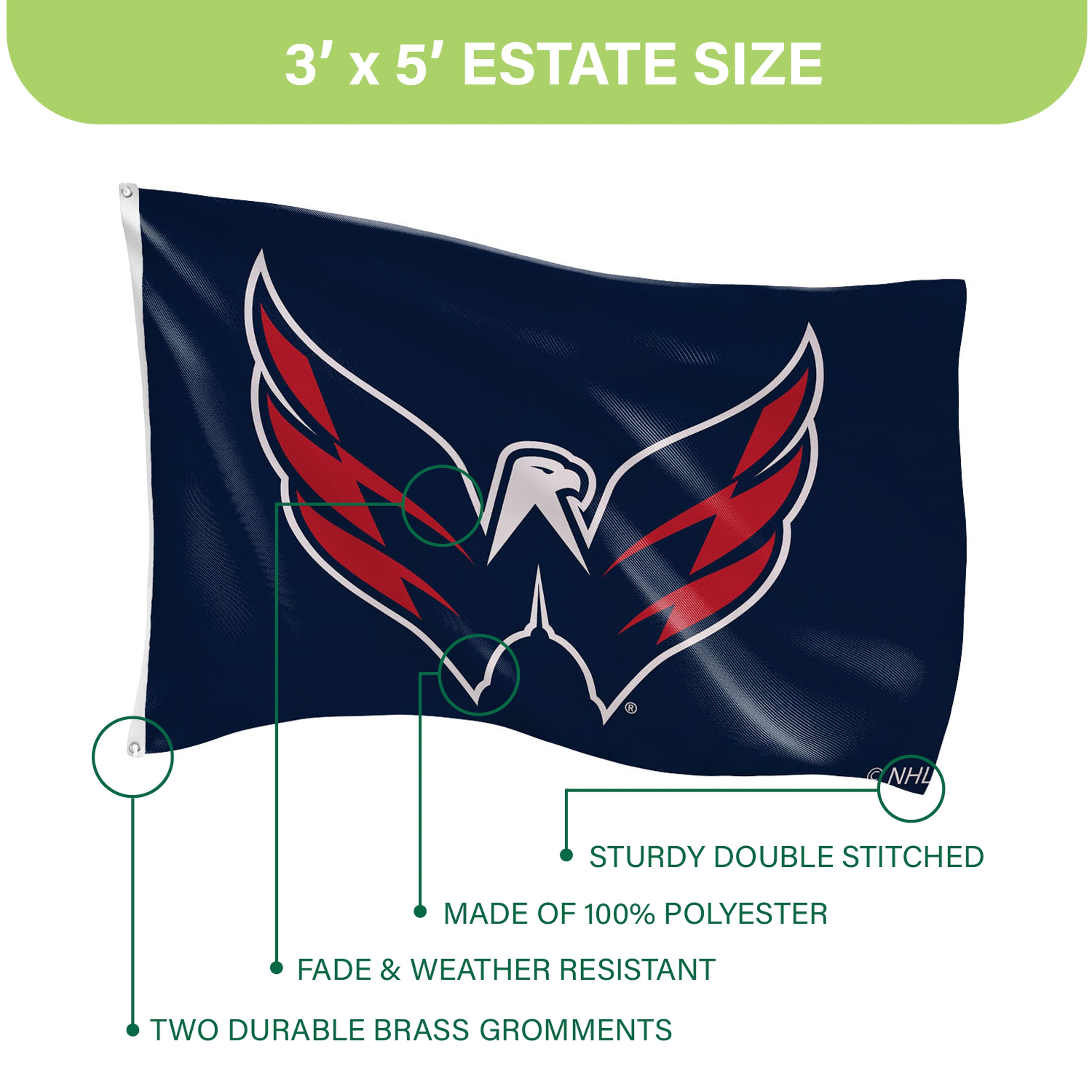 3'x5' Single Sided Flag w/ 2 Grommets, Washington Capitals - Sports Gifts, Sports Memorabilia, Sports Collectibles, Fan Shop