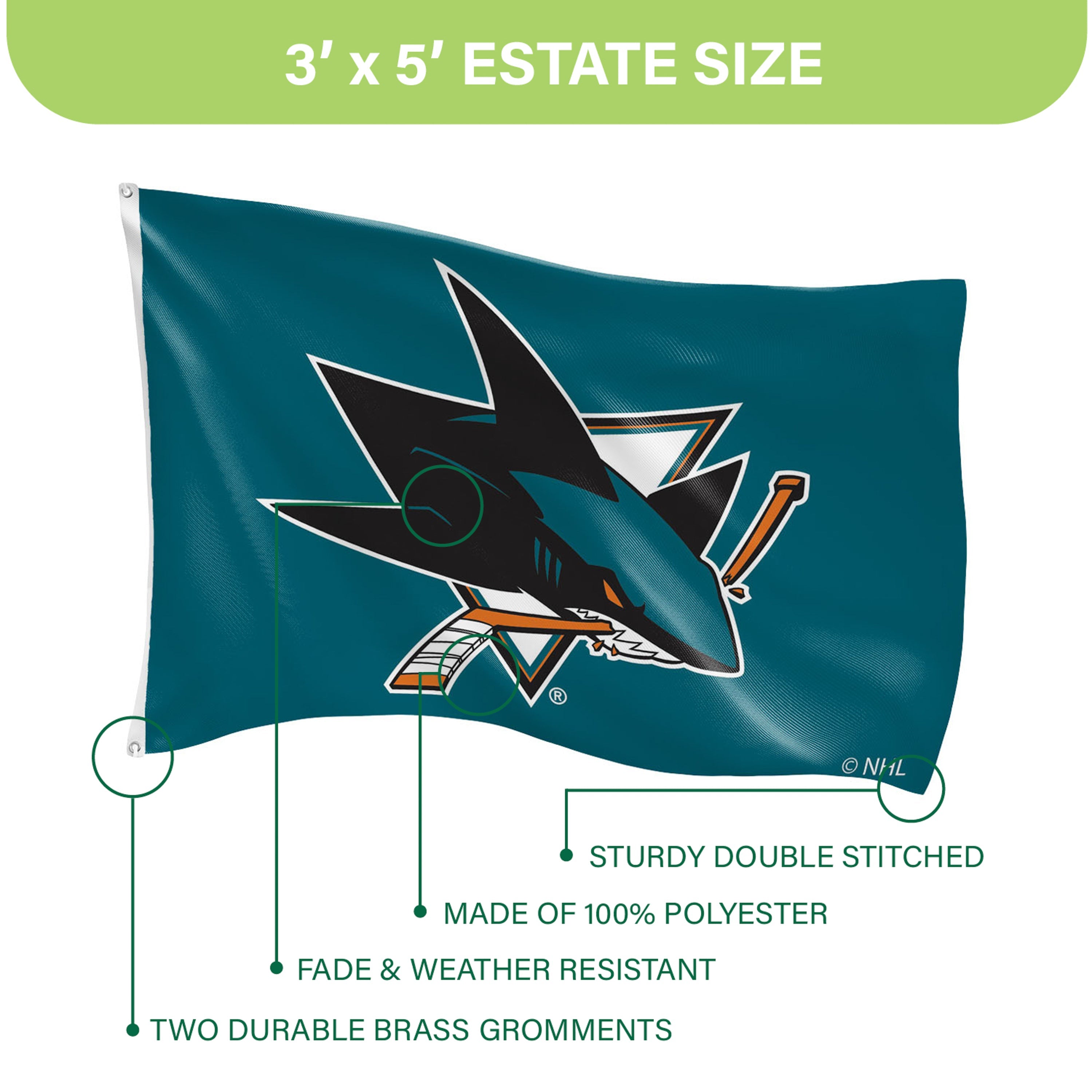 San Jose Sharks Single Sided Flag w/ 2 Grommets, 3'x5' - Sports Gifts, Sports Memorabilia, Sports Collectibles, Fan Shop