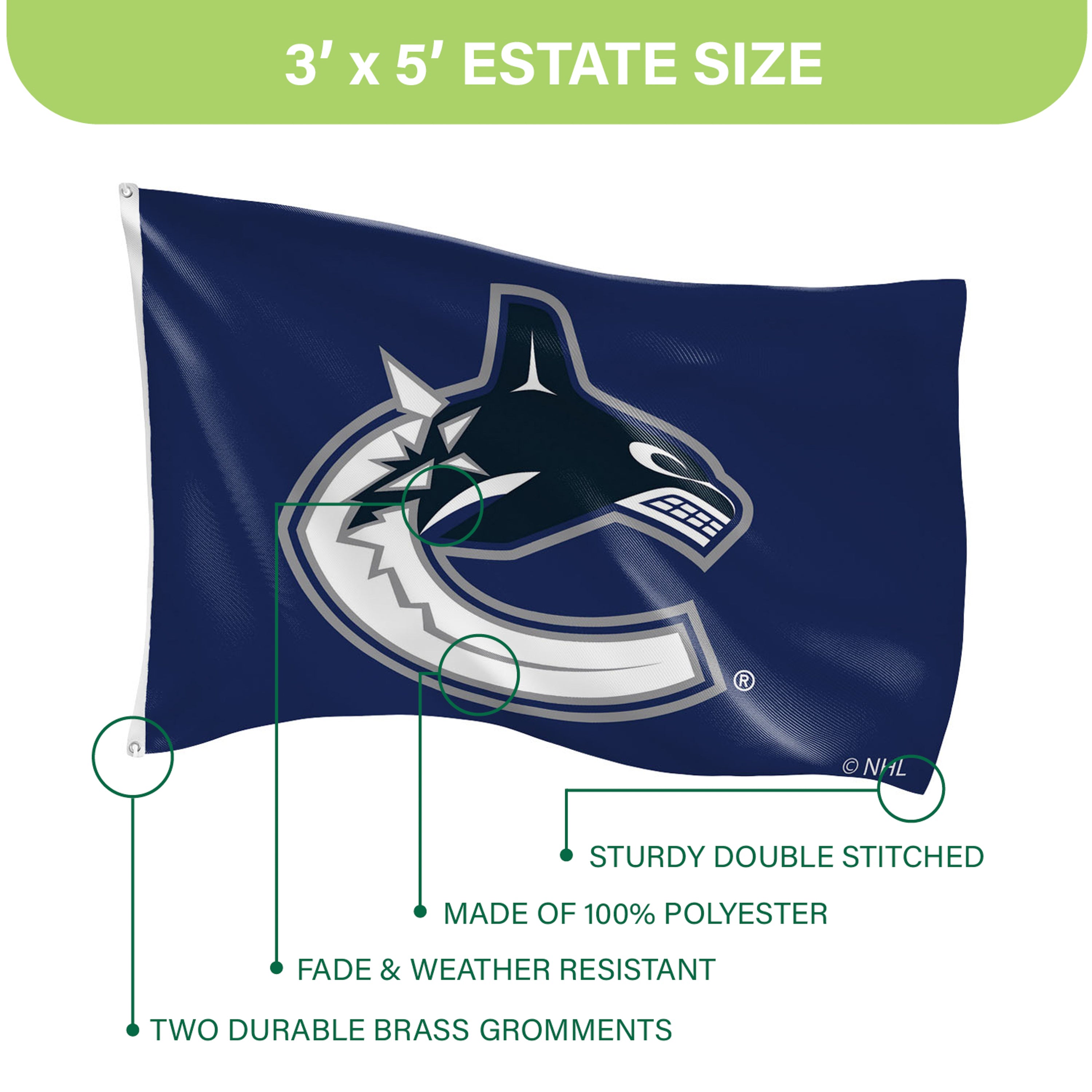 Vancouver Canucks Single Sided Flag w/ 2 Grommets, 3'x5' - Sports Gifts, Sports Memorabilia, Sports Collectibles, Fan Shop