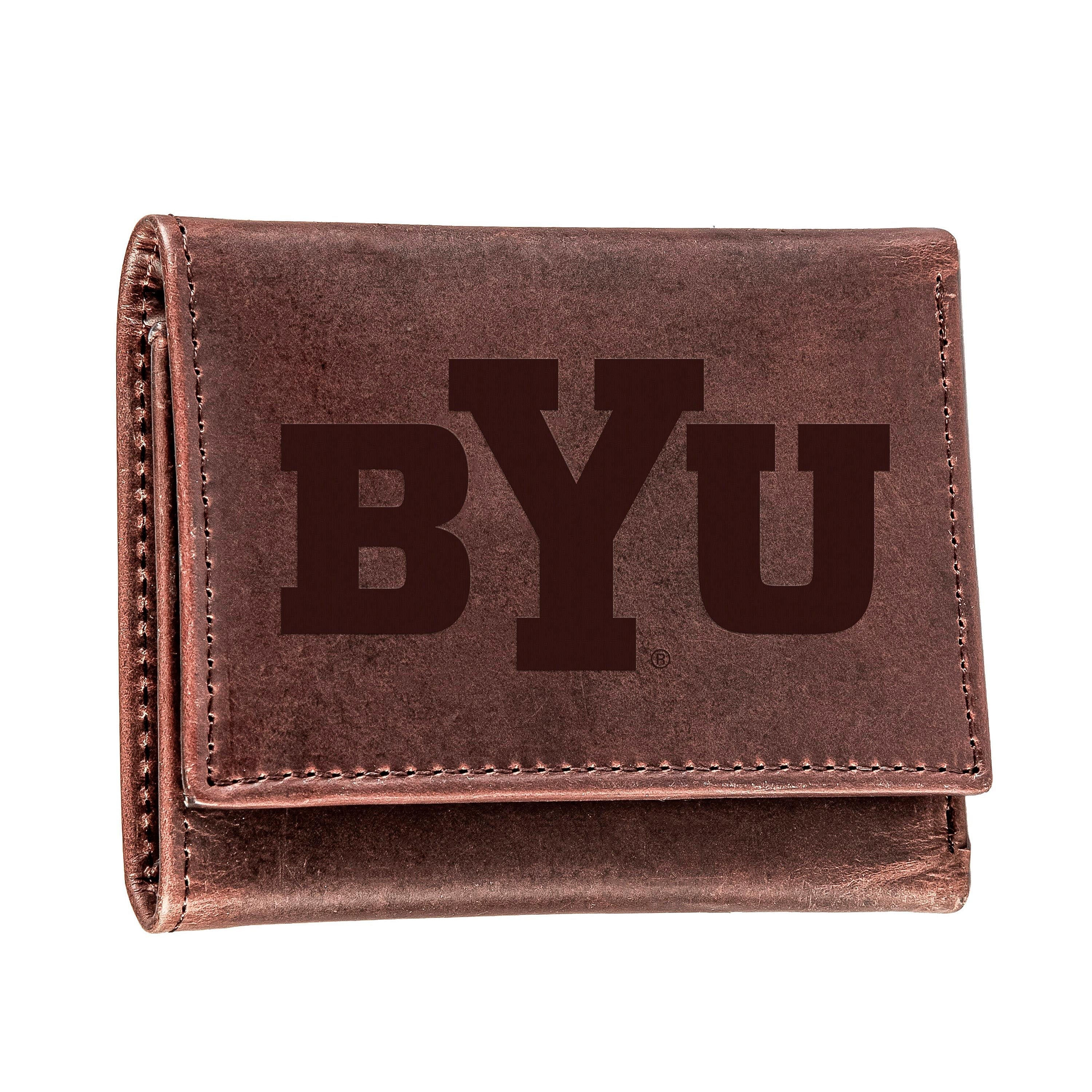 Brigham Young University, Tri-Fold Wallet, Brown, CH, 100% Genuine Leather - Sports Collectibles, Sports Memorabilia, Sports Fan Shop, Sports Gifts