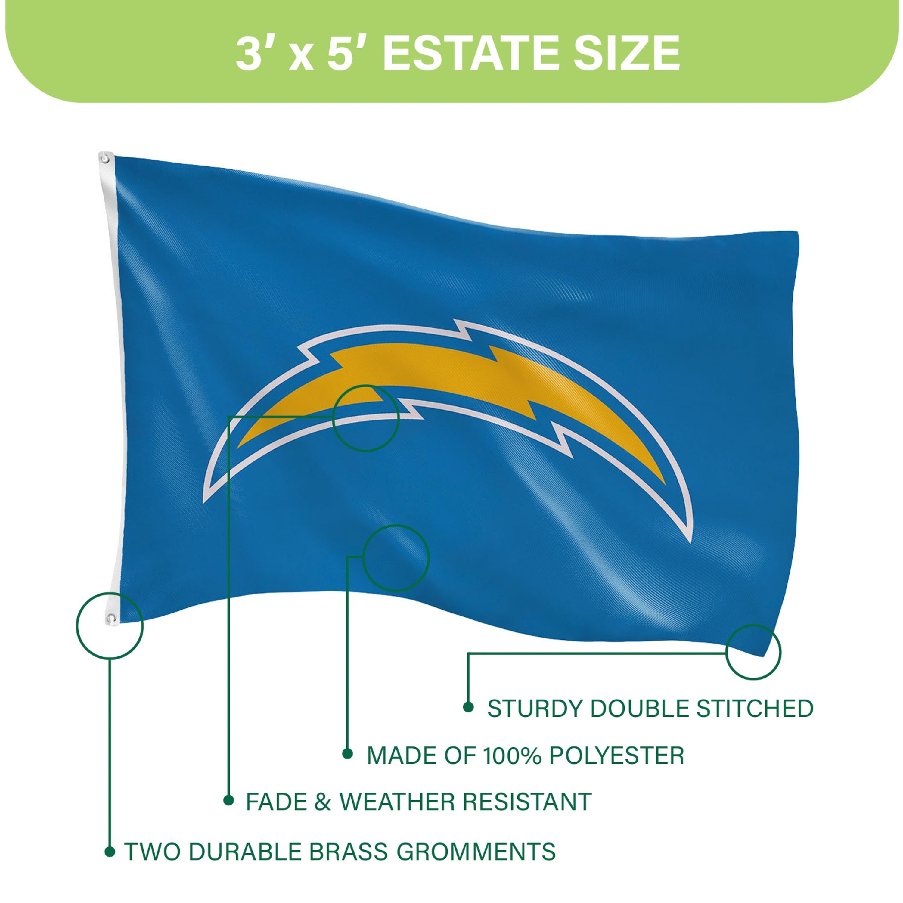Los Angeles Chargers Single Sided Estate Flag with 2 Grommets, 3'x5' - Sports Gifts, Sports Memorabilia, Sports Collectibles, Fan Shop