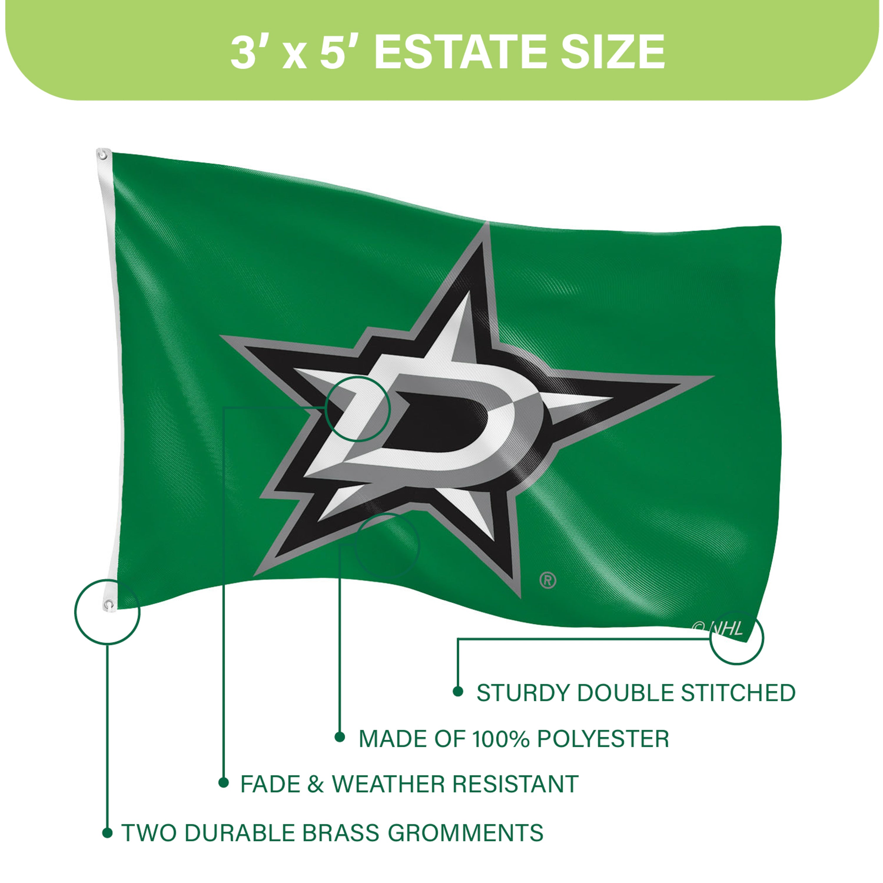 Dallas Stars Single Sided Flag w/ 2 Grommets, 3'x5' - Sports Gifts, Sports Memorabilia, Sports Collectibles, Fan Shop