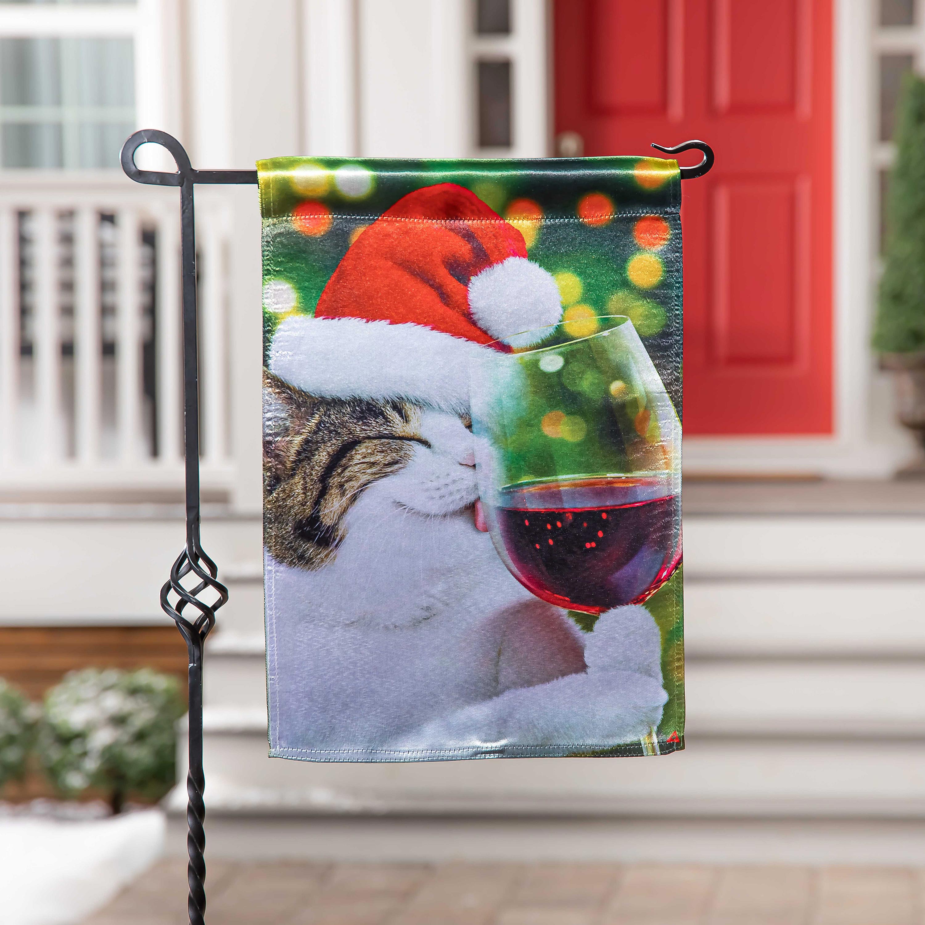 Christmas Cat with Wine Lustre Garden Flag - Sports Gifts, Sports Memorabilia, Sports Collectibles, Fan Shop
