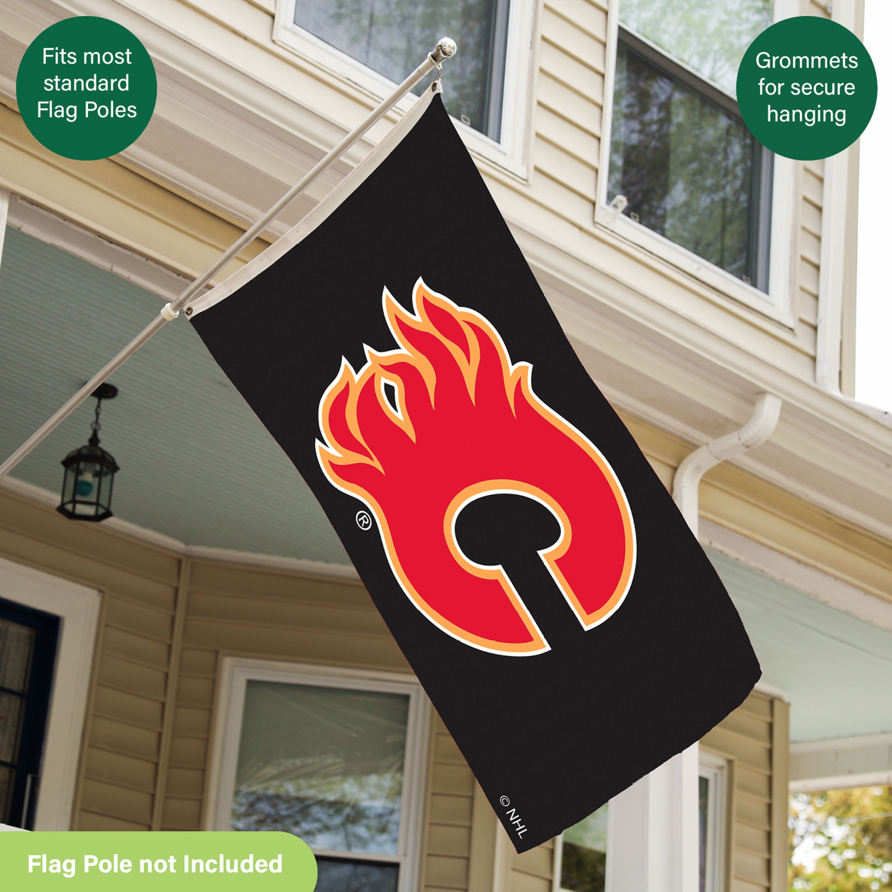 Calgary Flames Single Sided Flag w/ 2 Grommets, 3'x5' - Sports Gifts, Sports Memorabilia, Sports Collectibles, Fan Shop